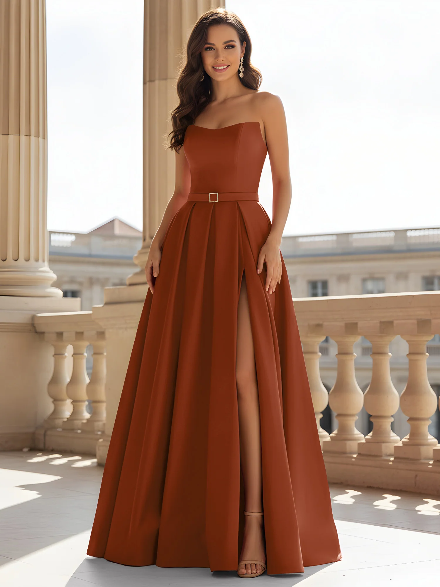 Strapless Structured Satin Ball Gown with Belt Detail Terracotta
