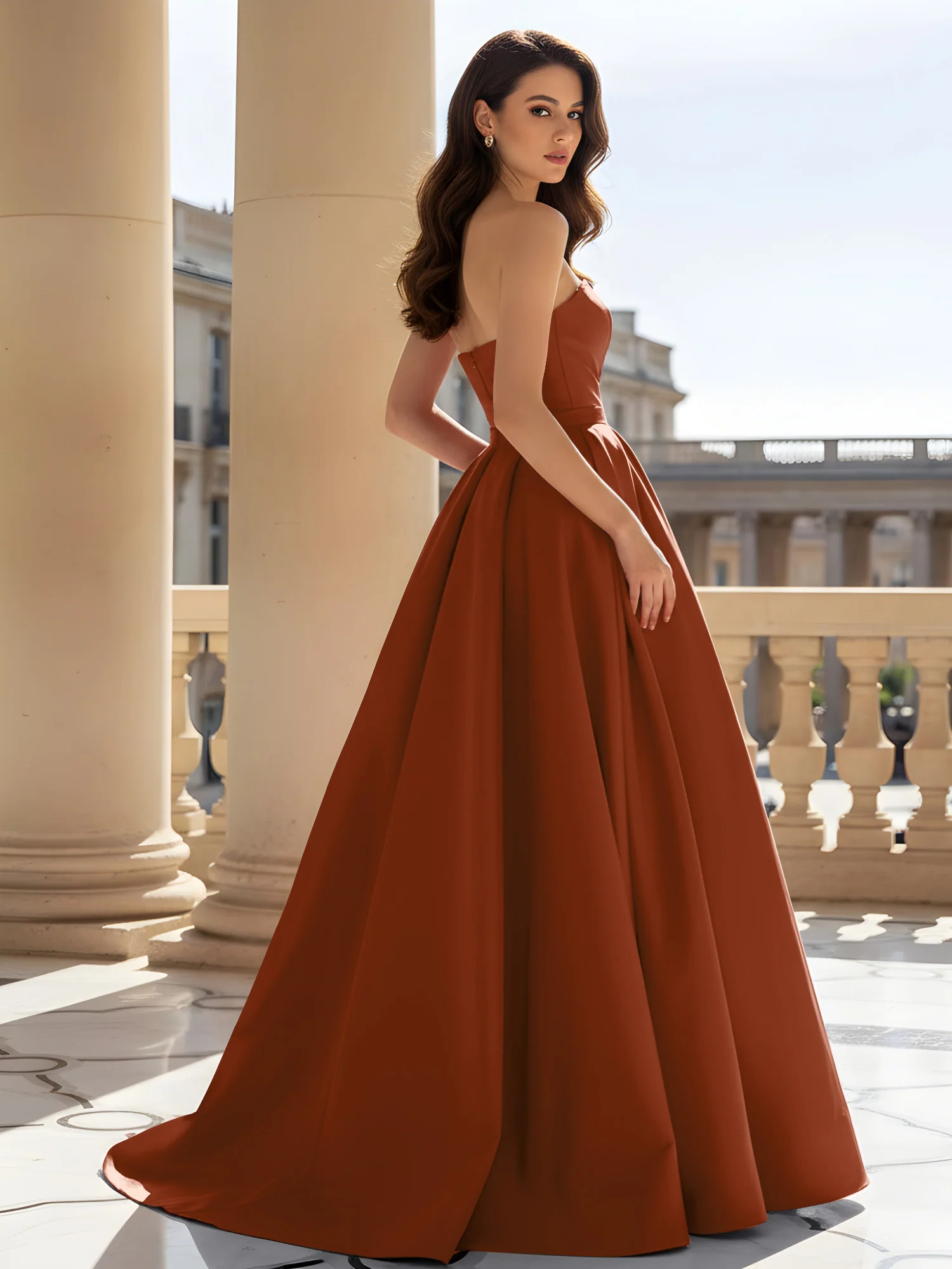 Strapless Structured Satin Ball Gown with Belt Detail Terracotta - Image 2