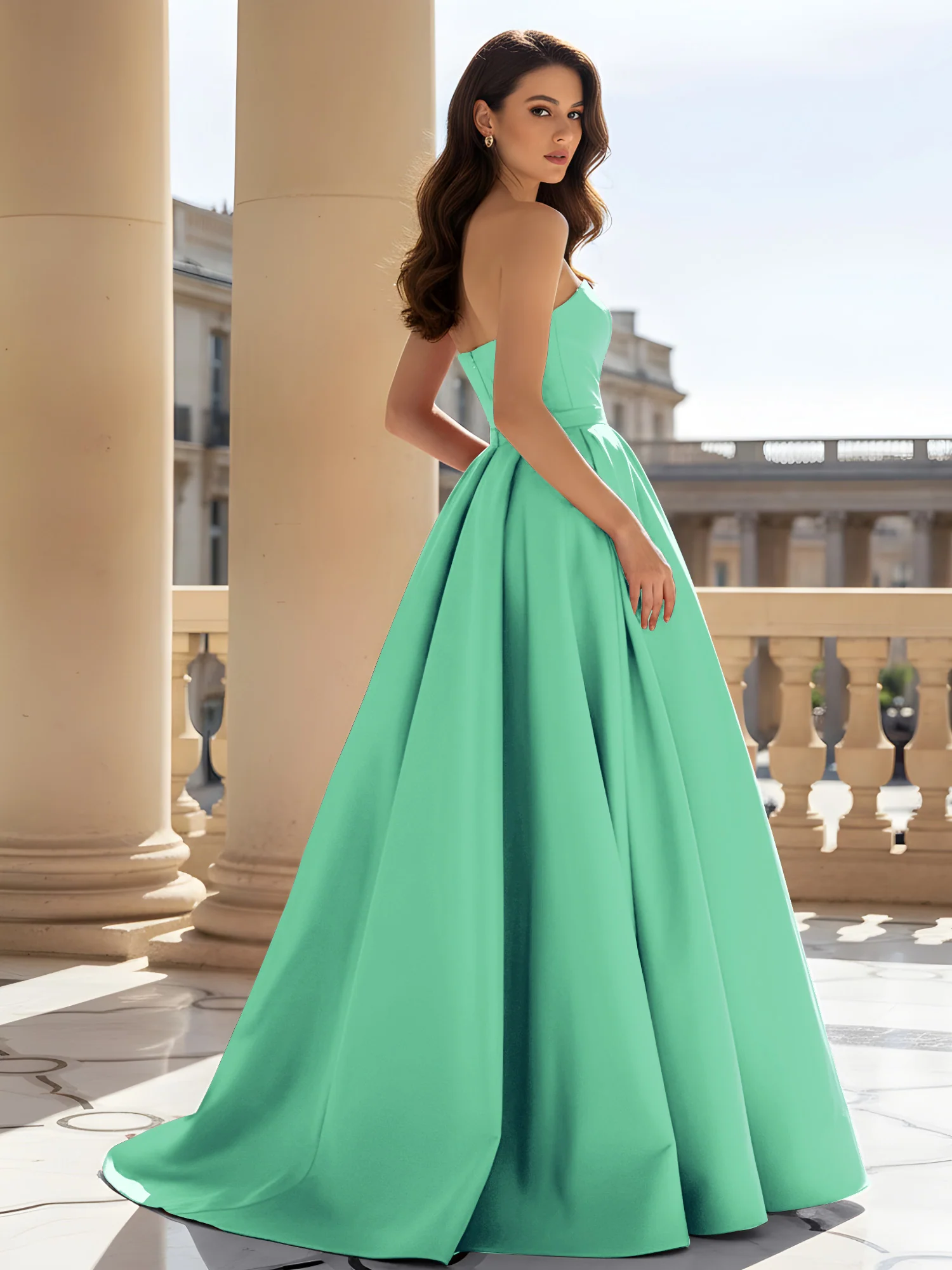 Strapless Structured Satin Ball Gown with Belt Detail Turquoise - Image 2