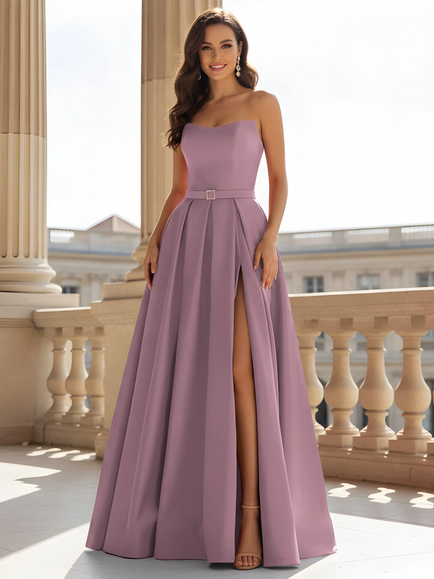 Strapless Structured Satin Ball Gown with Belt Detail Vintage Mauve