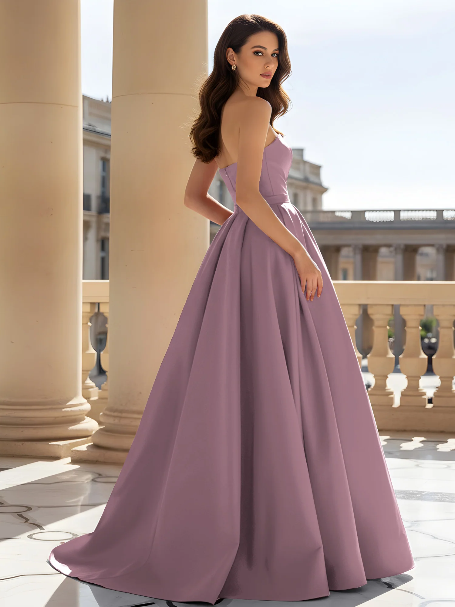 Strapless Structured Satin Ball Gown with Belt Detail Vintage Mauve - Image 2