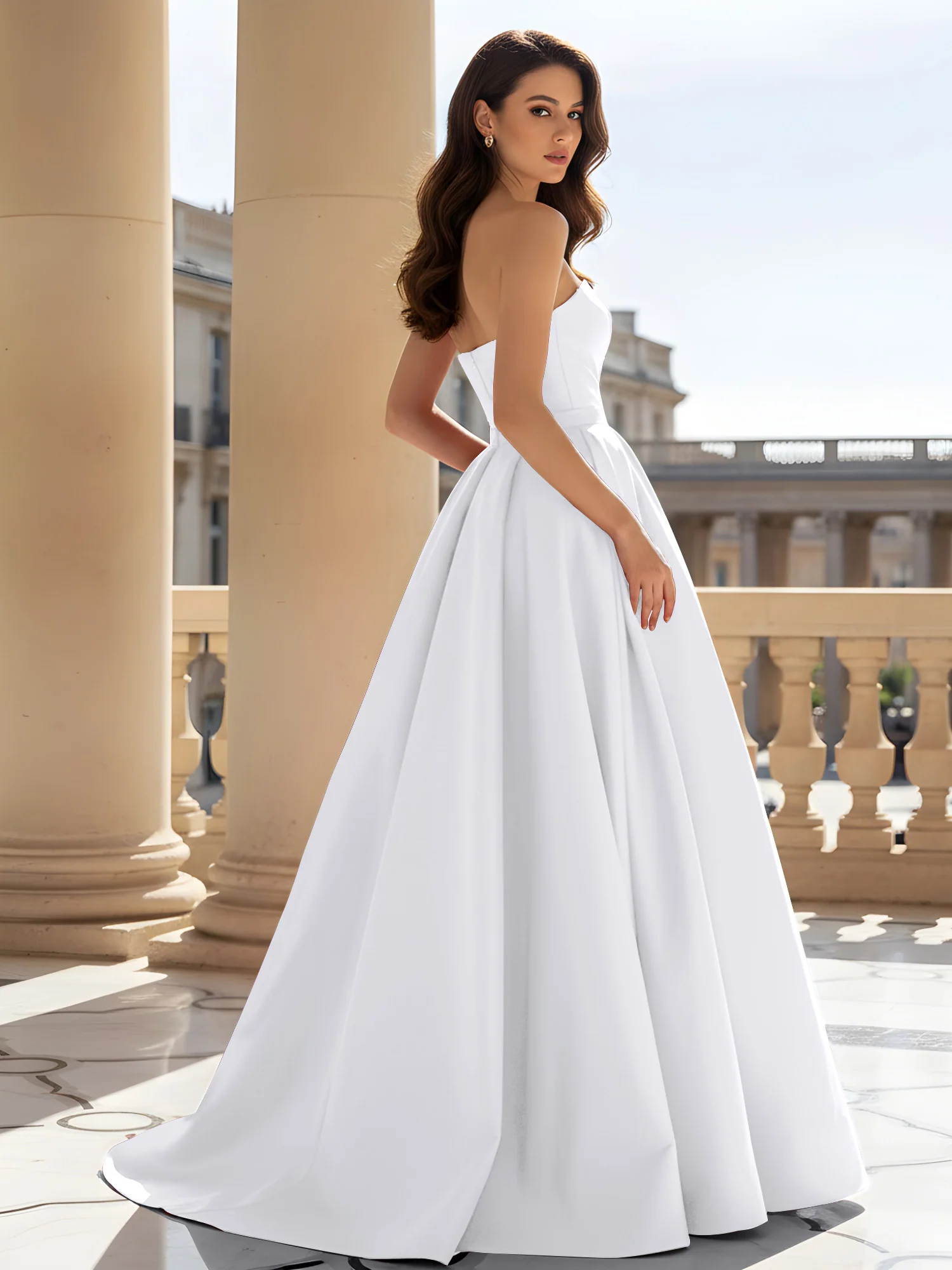 Strapless Structured Satin Ball Gown with Belt Detail White - Image 2