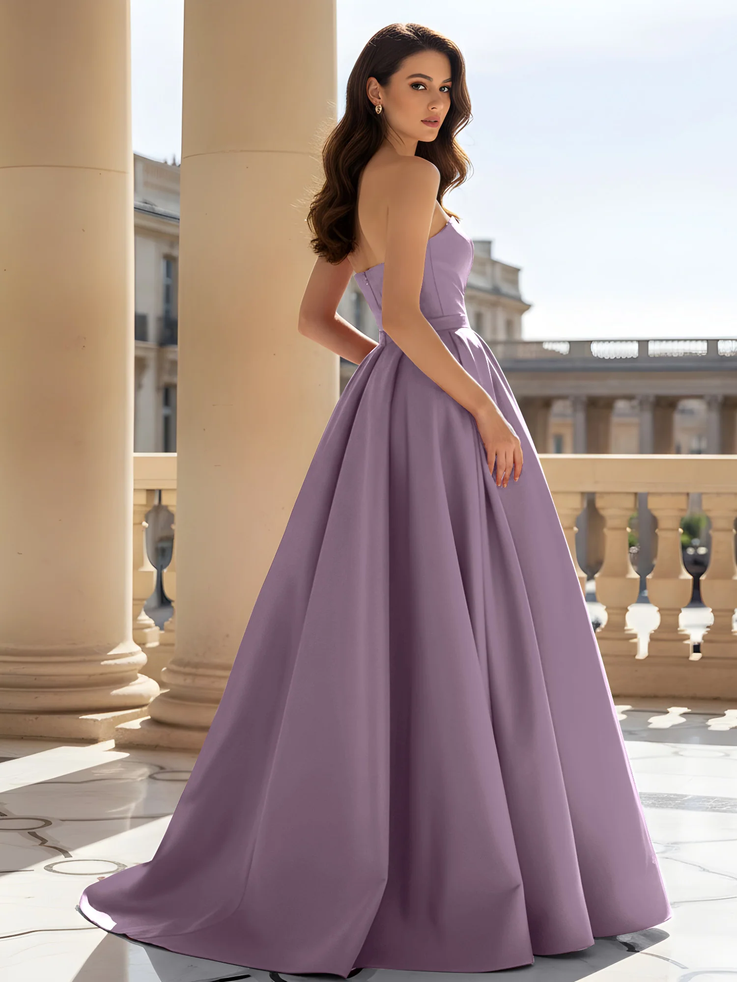 Strapless Structured Satin Ball Gown with Belt Detail Wisteria - Image 2