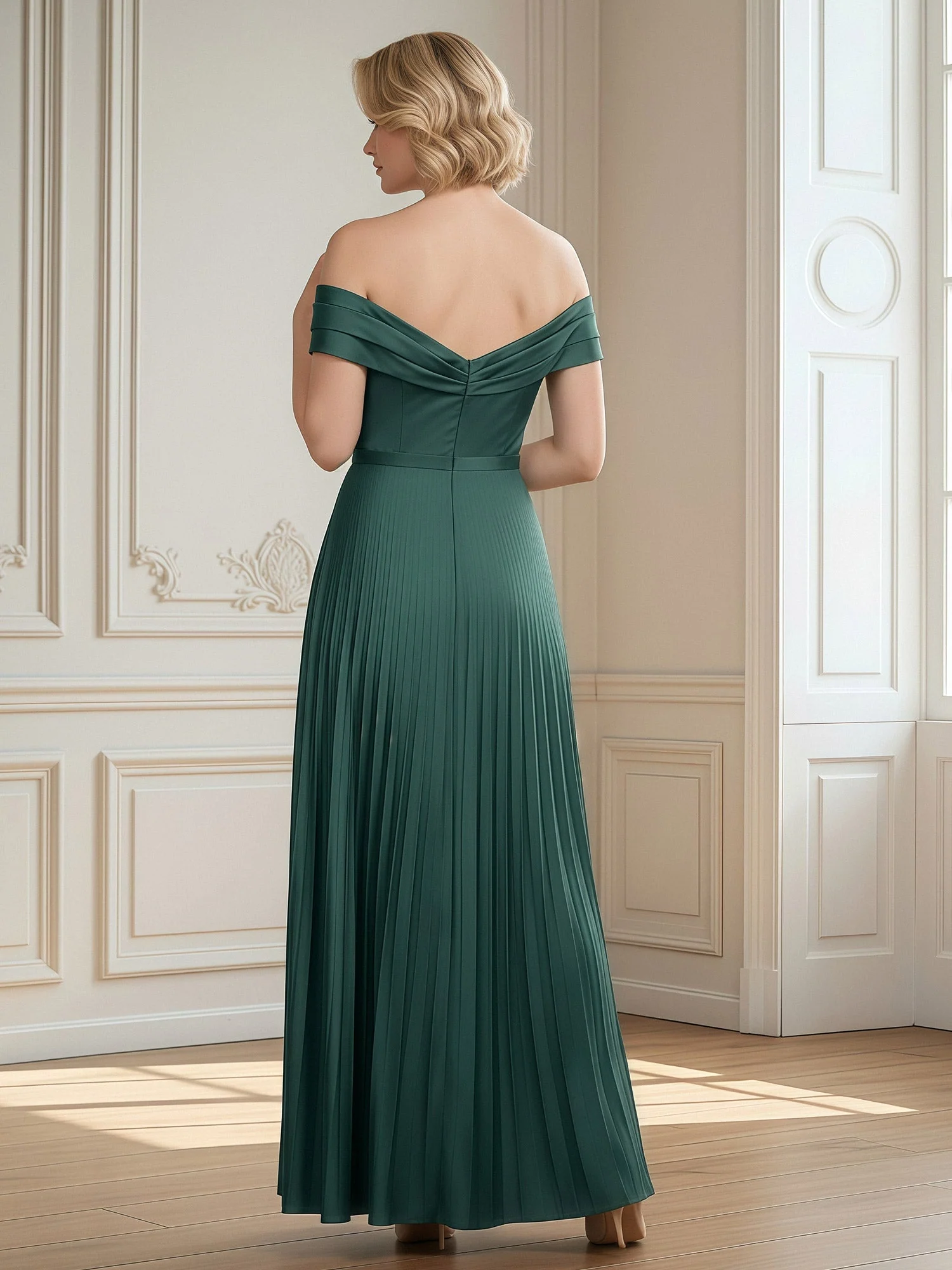 Off-Shoulder Pleated Skirt A-Line Formal Gown Peach - Image 2