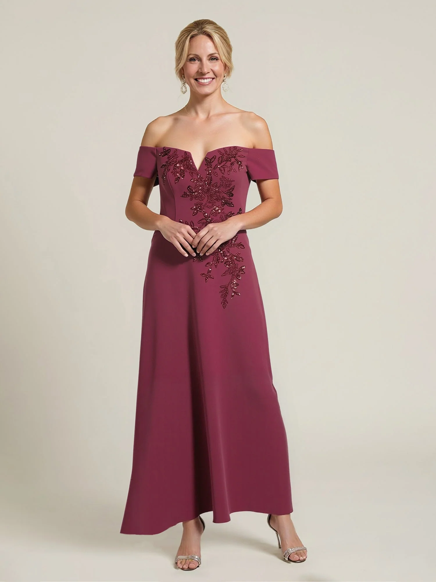 Off-Shoulder Beaded Embroidery A-Line Gown Black