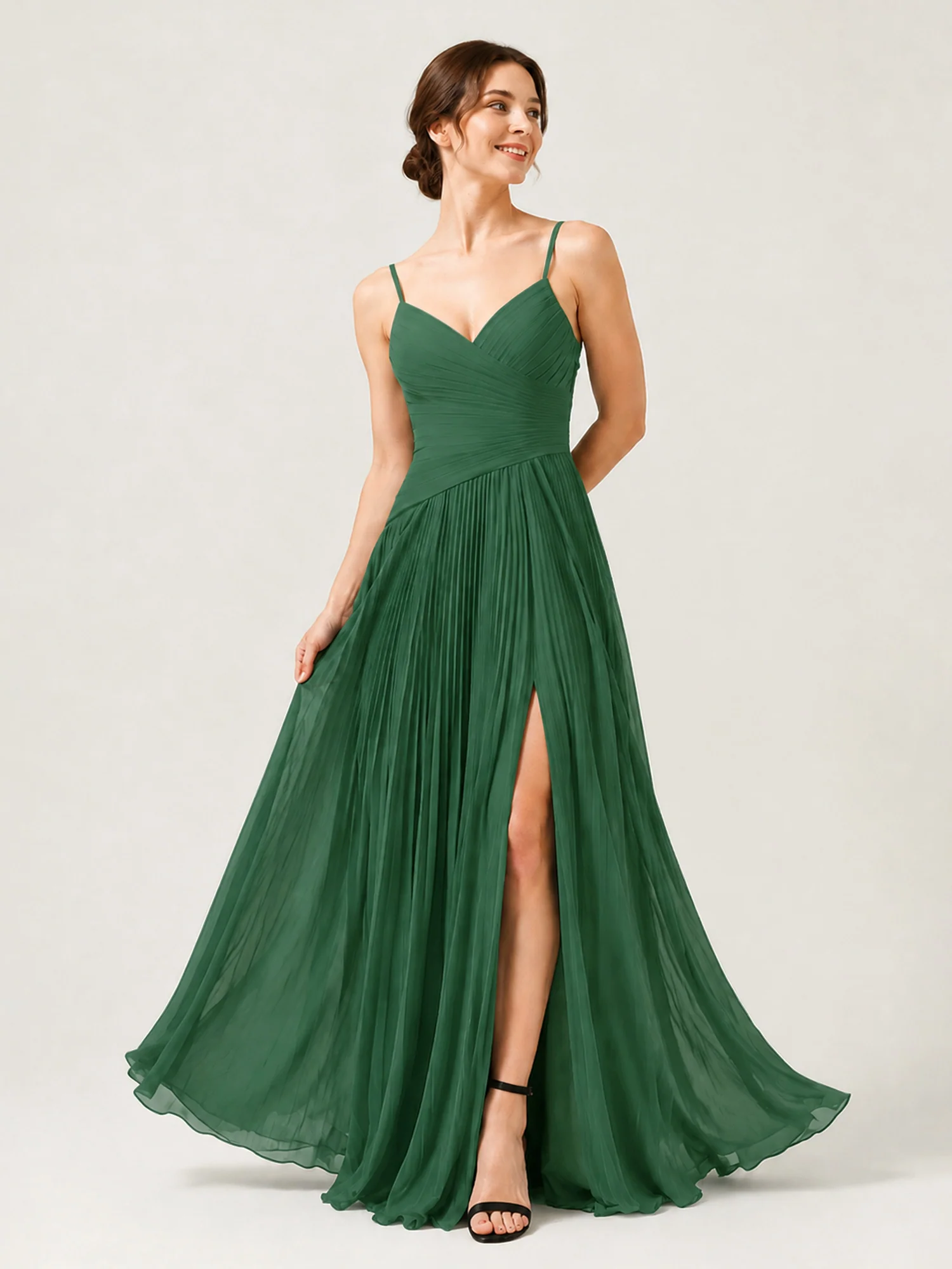 Pleated Chiffon Cami Gown with Surplice Ruched Bodice Dark Green
