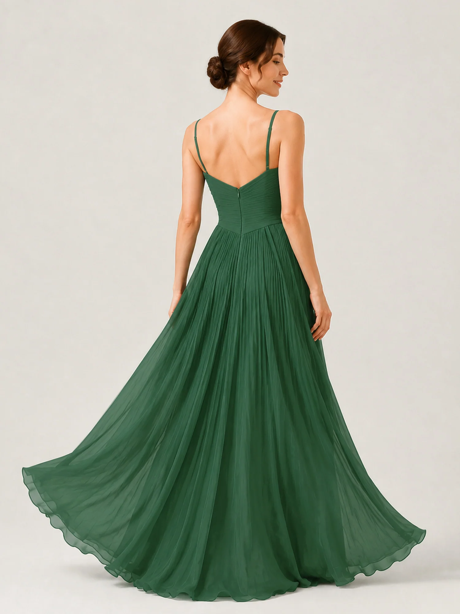 Pleated Chiffon Cami Gown with Surplice Ruched Bodice Dark Green - Image 2