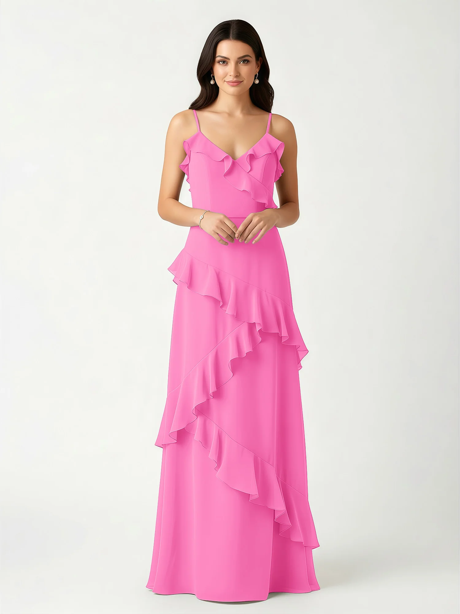 A-Line Chiffon Ruffle Floor Length V-Neck Dresses Azalea