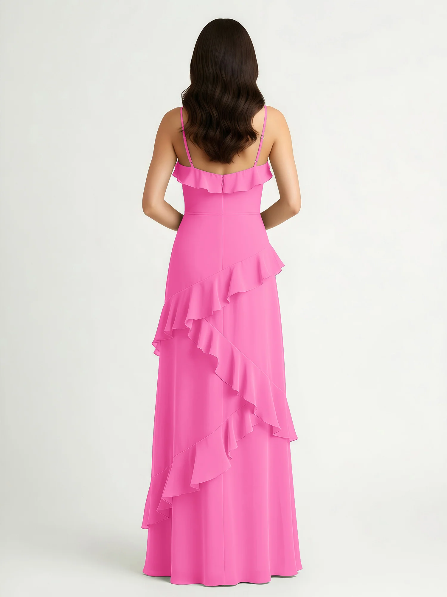 A-Line Chiffon Ruffle Floor Length V-Neck Dresses Azalea - Image 2