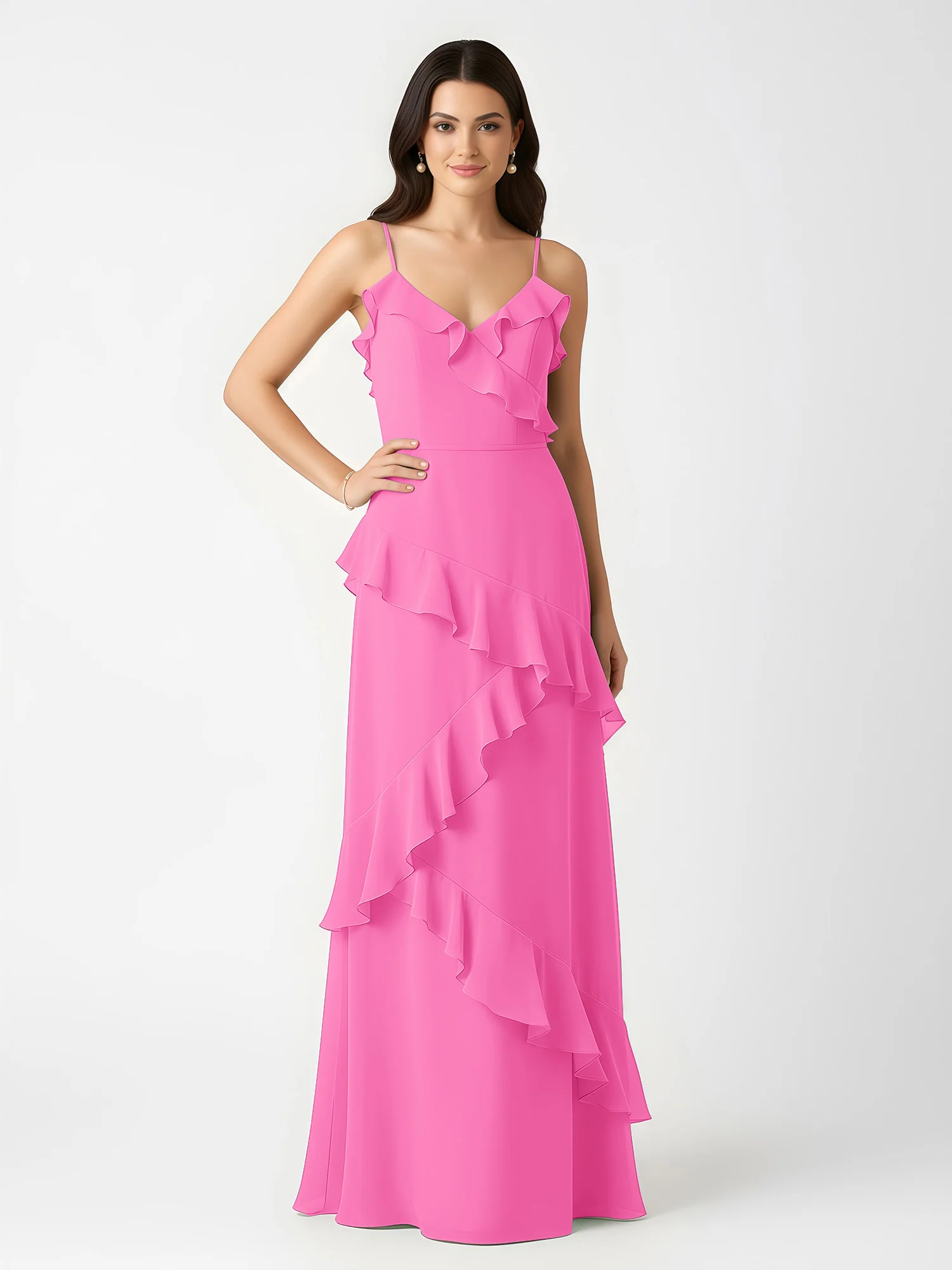 A-Line Chiffon Ruffle Floor Length V-Neck Dresses Azalea - Image 3