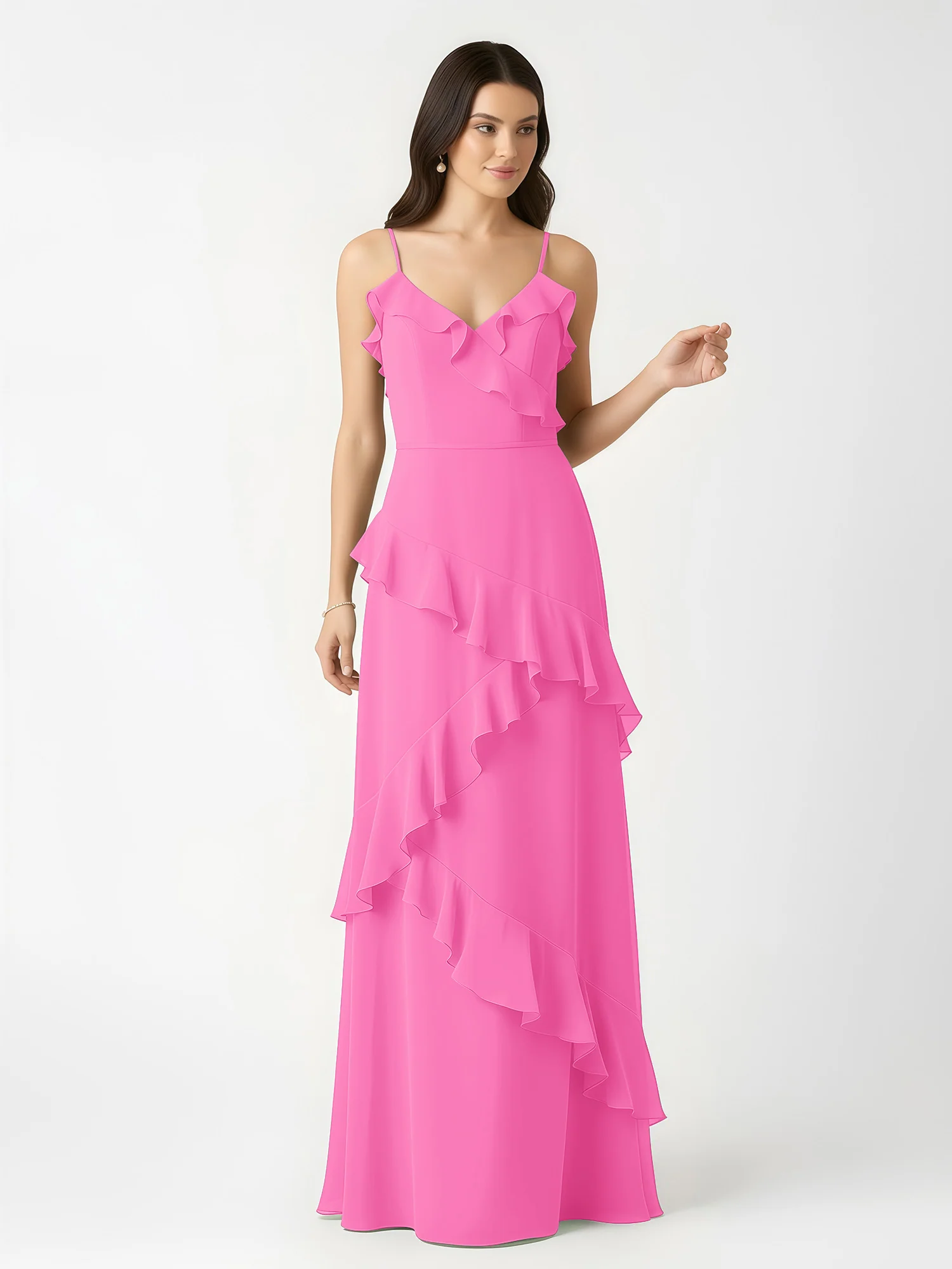 A-Line Chiffon Ruffle Floor Length V-Neck Dresses Azalea - Image 4