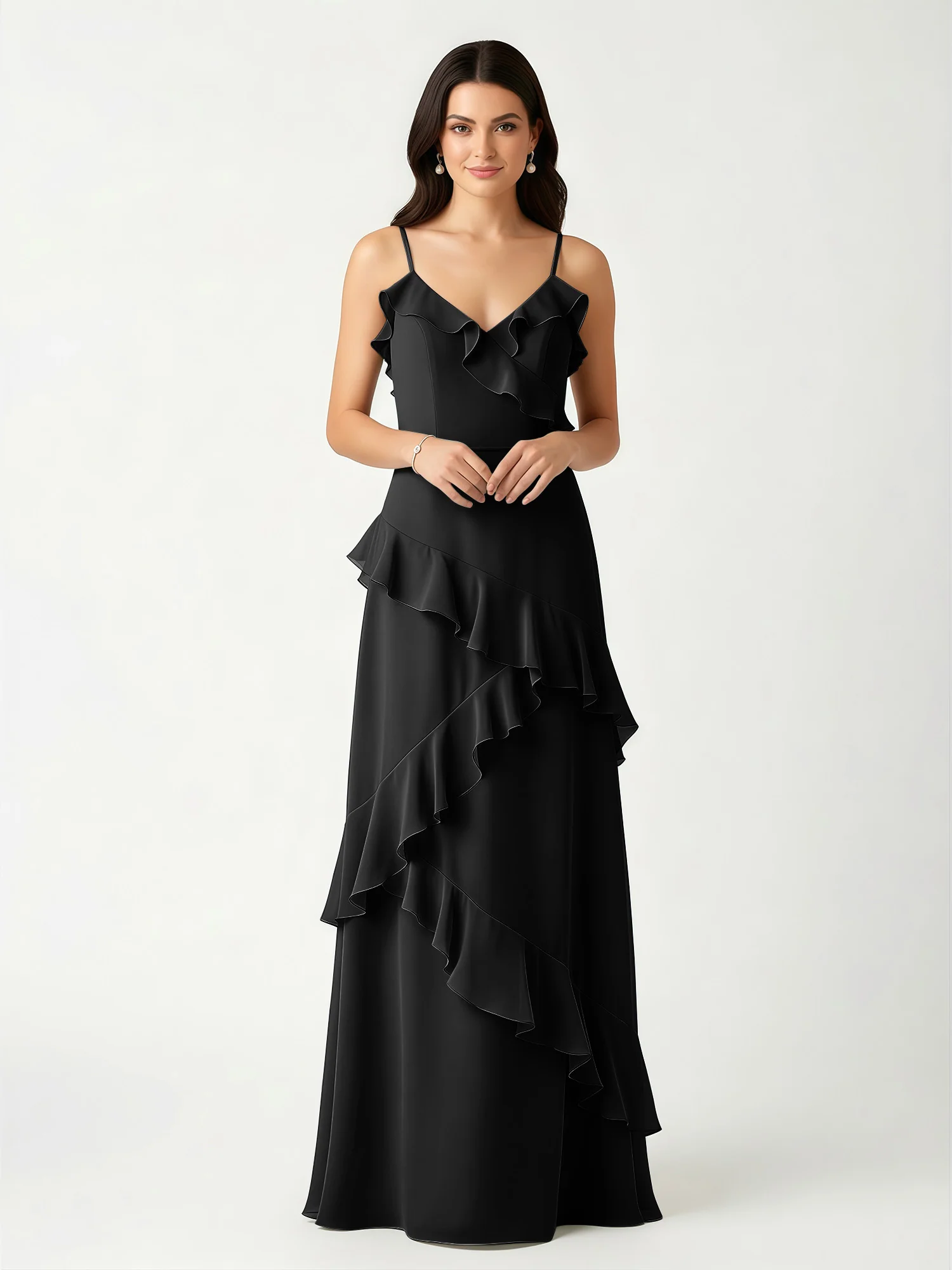 A-Line Chiffon Ruffle Floor Length V-Neck Dresses Black