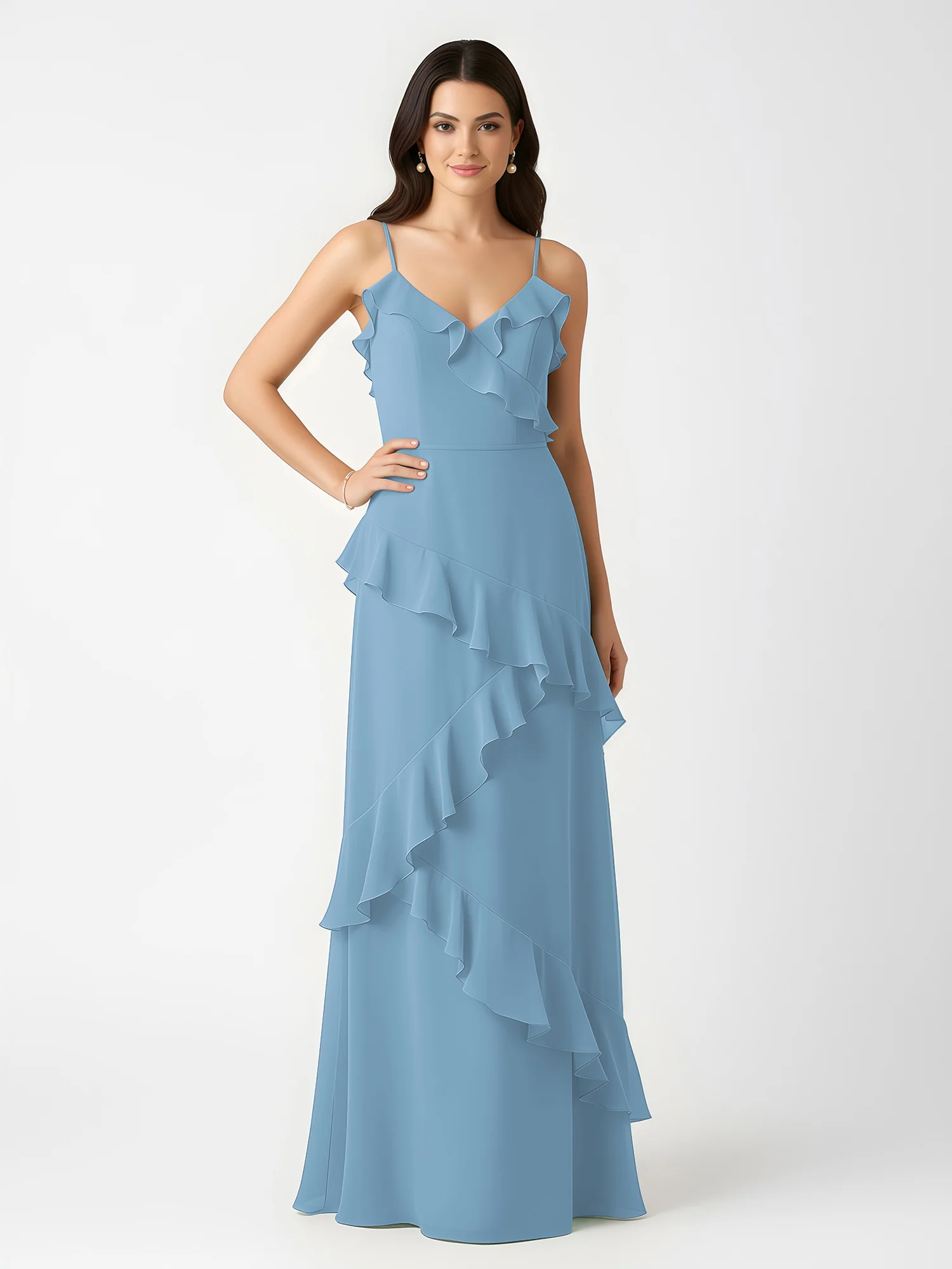 A-Line Chiffon Ruffle Floor Length V-Neck Dresses Blue - Image 3