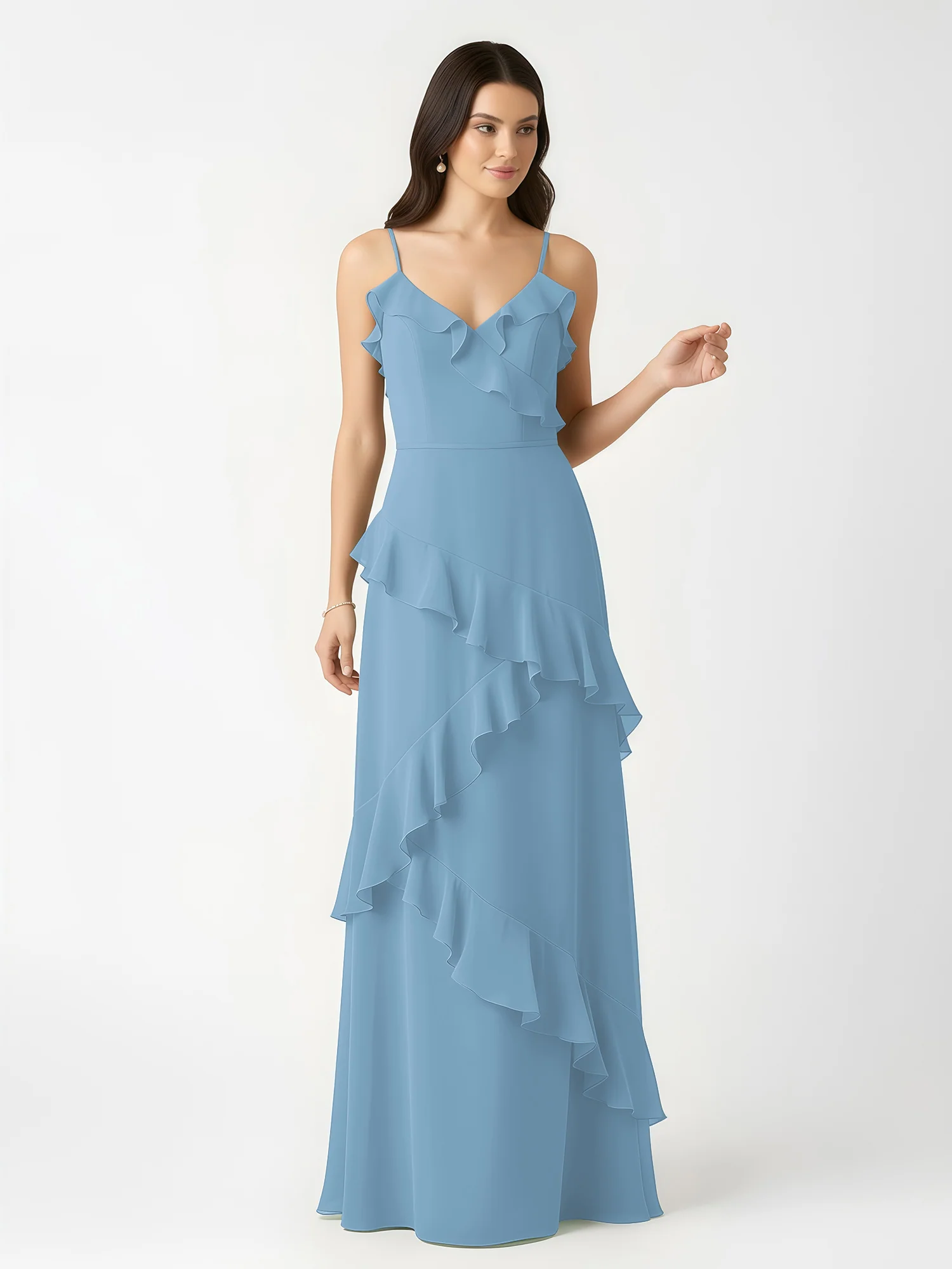 A-Line Chiffon Ruffle Floor Length V-Neck Dresses Blue - Image 4