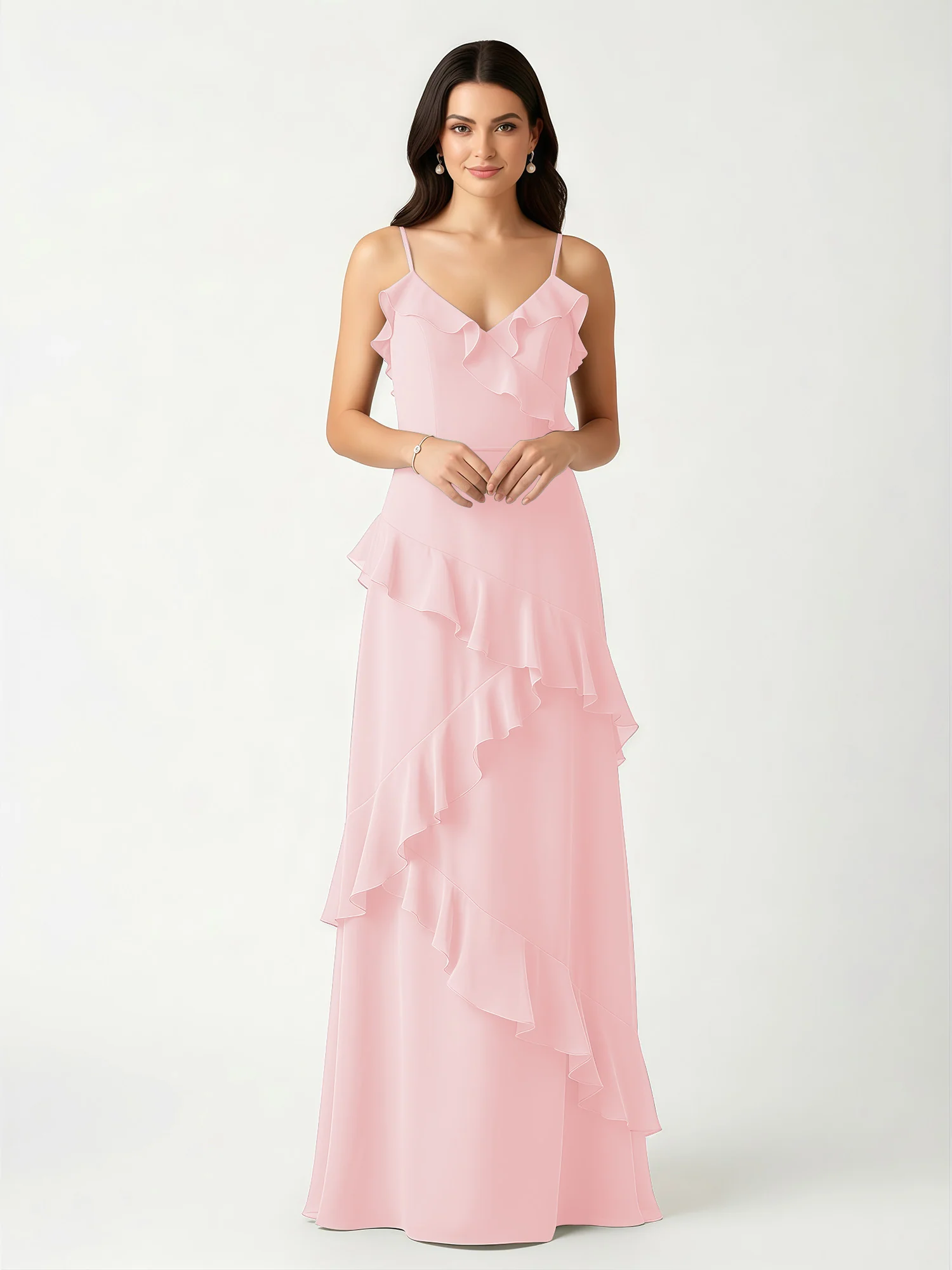 A-Line Chiffon Ruffle Floor Length V-Neck Dresses Blushing Pink