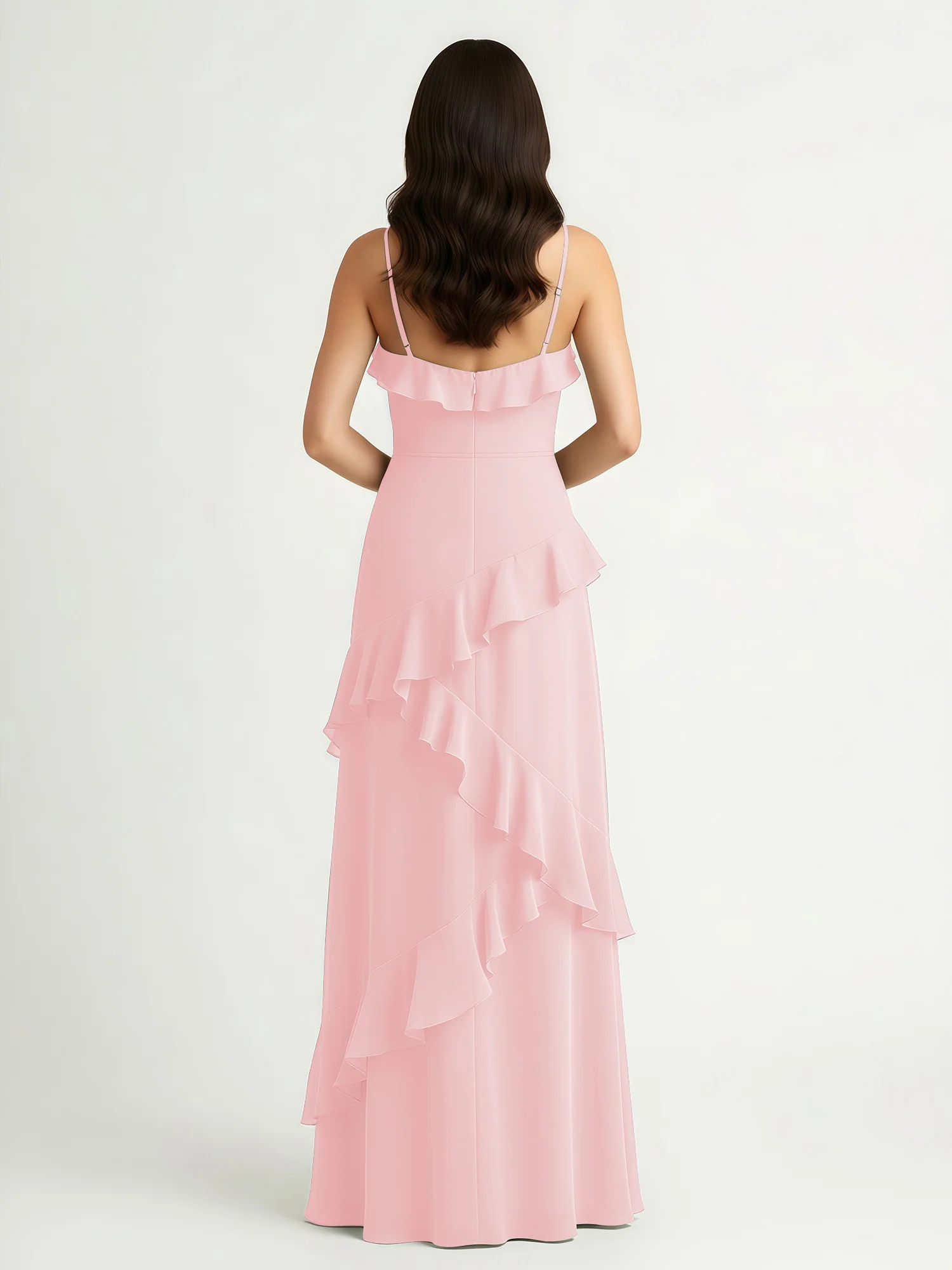 A-Line Chiffon Ruffle Floor Length V-Neck Dresses Blushing Pink - Image 2