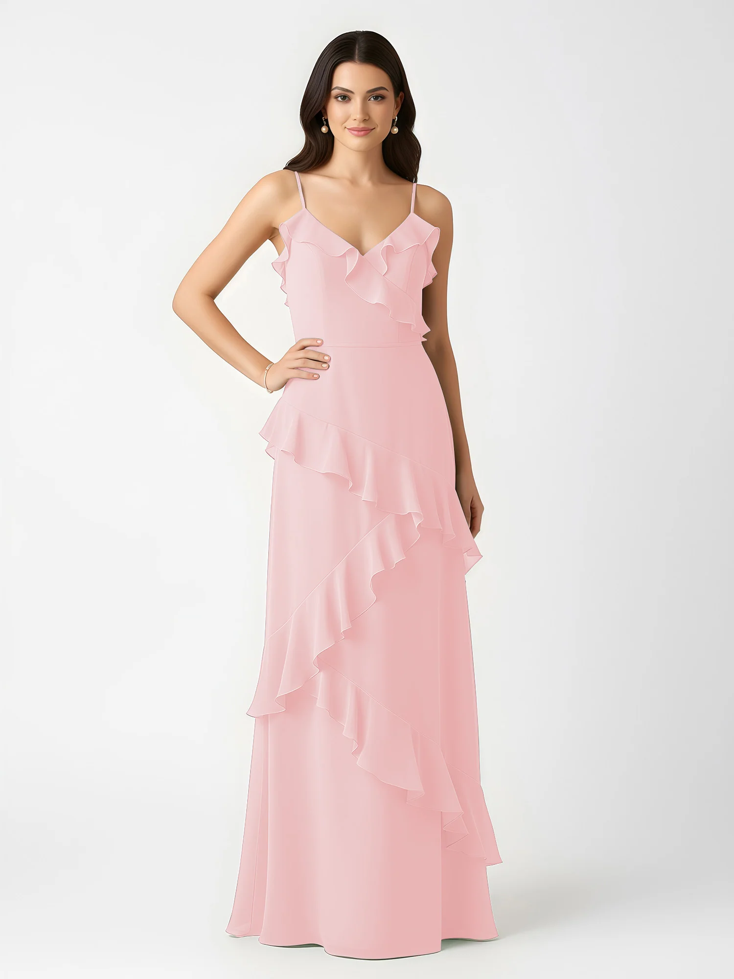 A-Line Chiffon Ruffle Floor Length V-Neck Dresses Blushing Pink - Image 3