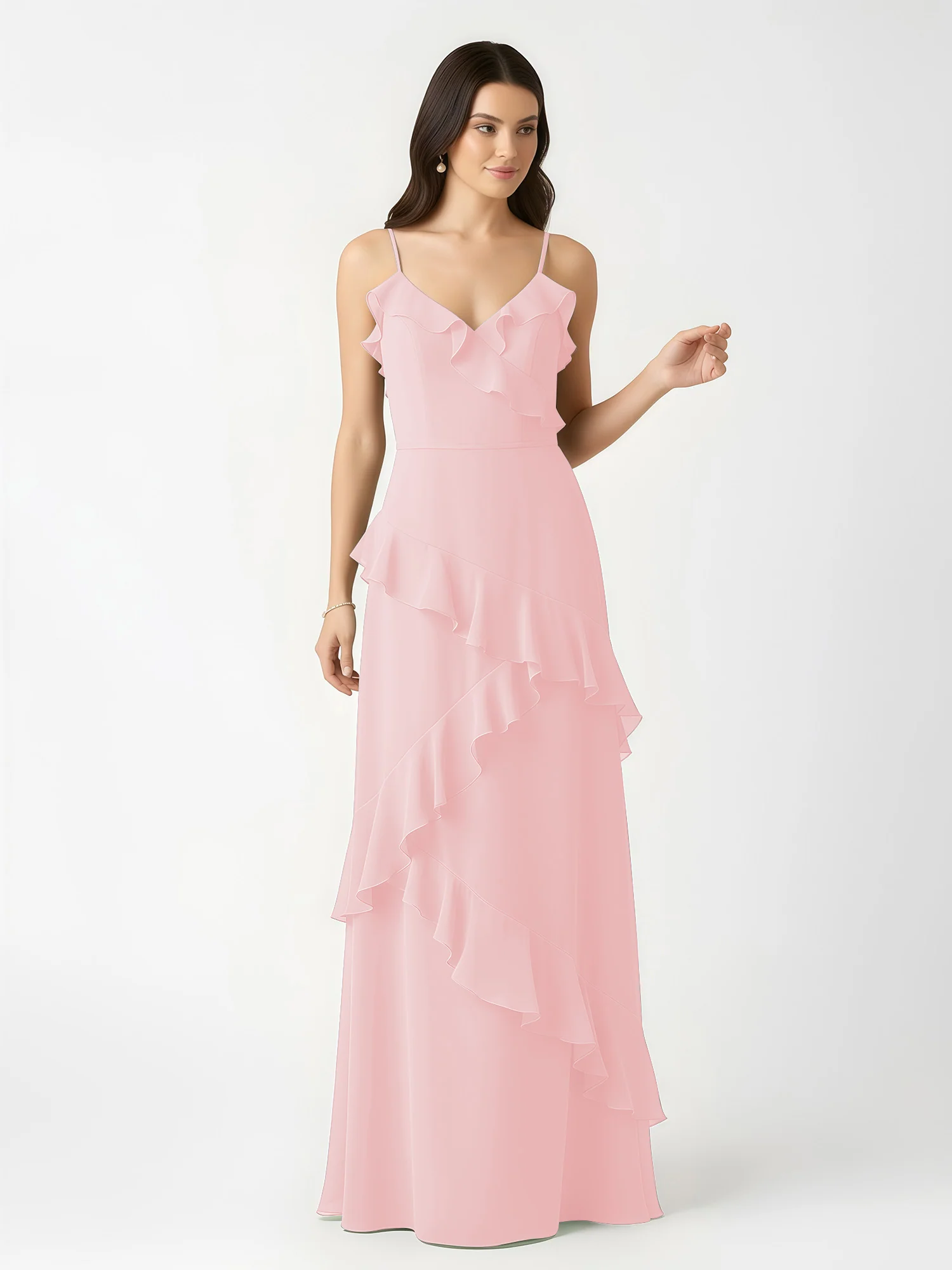 A-Line Chiffon Ruffle Floor Length V-Neck Dresses Blushing Pink - Image 4