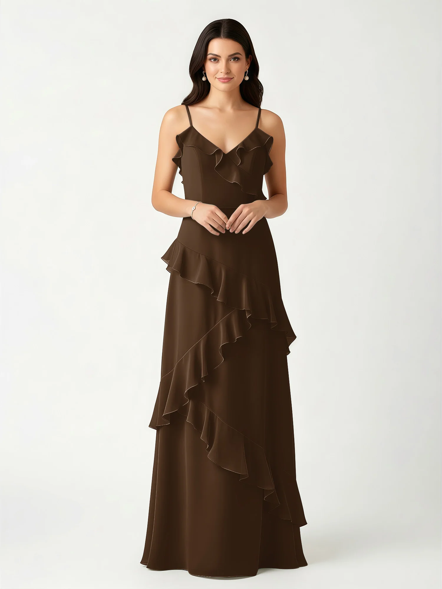 A-Line Chiffon Ruffle Floor Length V-Neck Dresses Brown