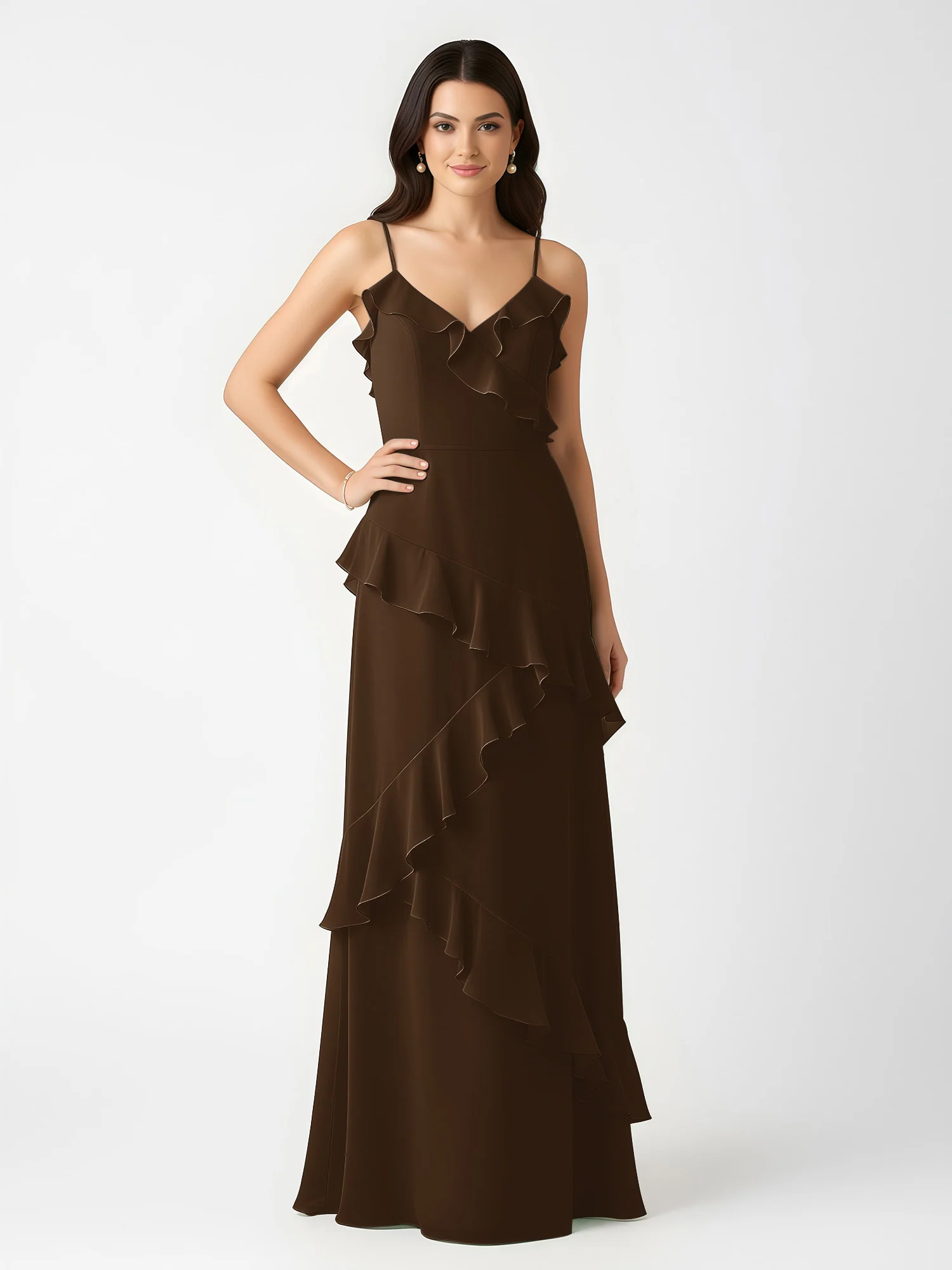 A-Line Chiffon Ruffle Floor Length V-Neck Dresses Brown - Image 3
