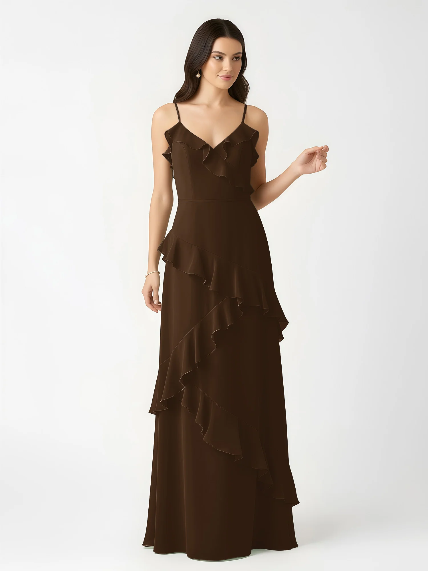 A-Line Chiffon Ruffle Floor Length V-Neck Dresses Brown - Image 4