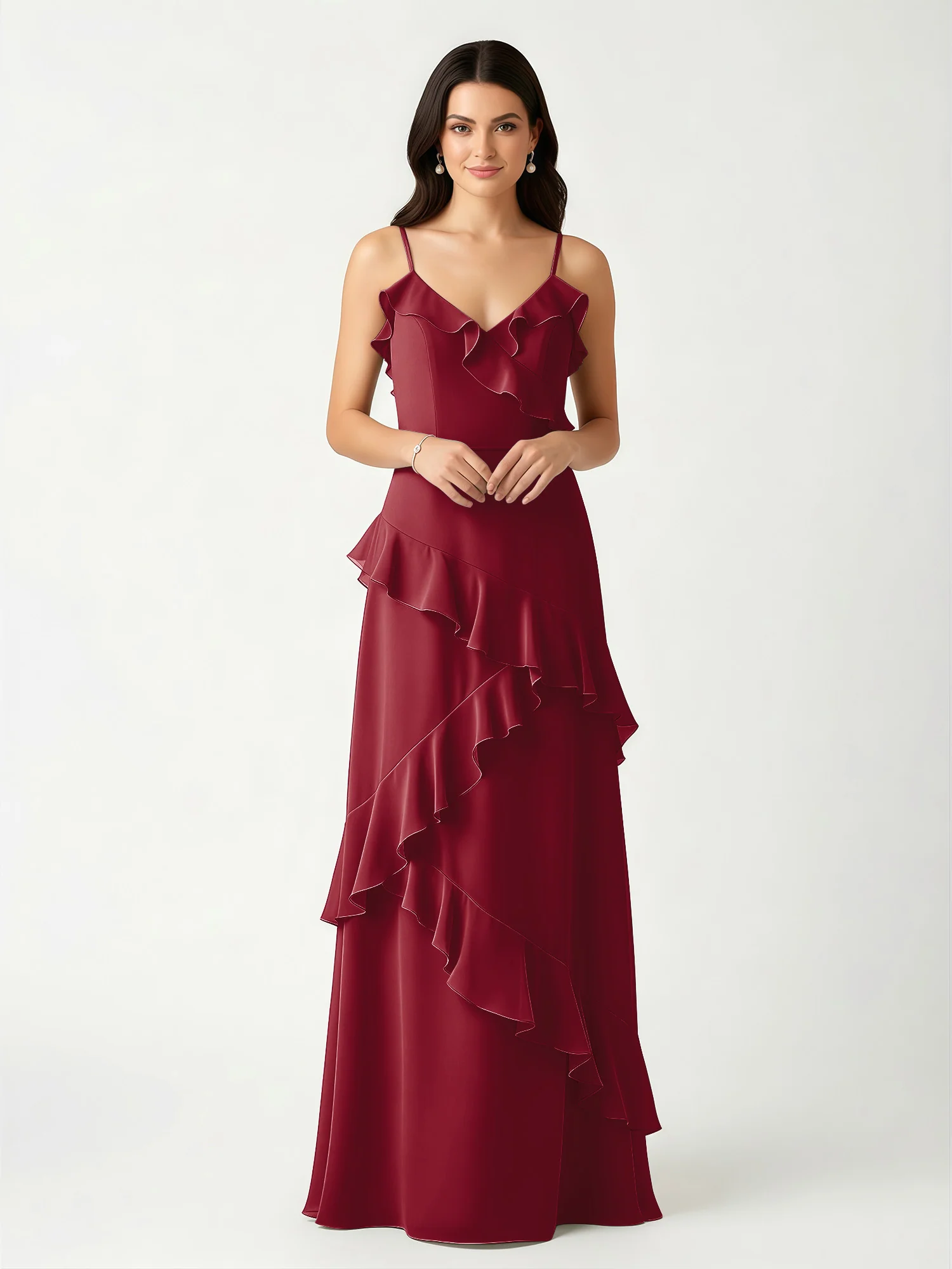 A-Line Chiffon Ruffle Floor Length V-Neck Dresses Burgundy