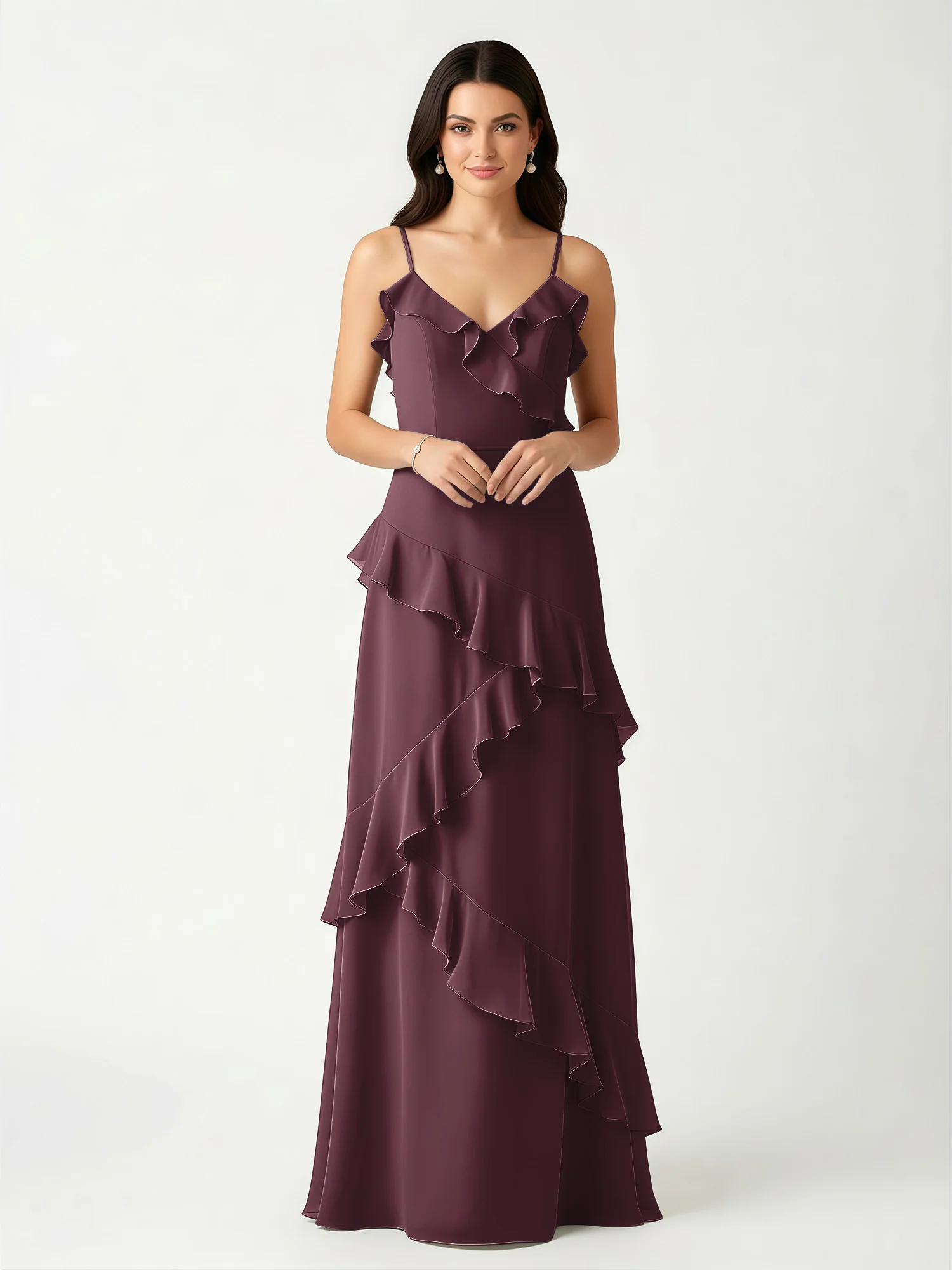 A-Line Chiffon Ruffle Floor Length V-Neck Dresses Cabernet