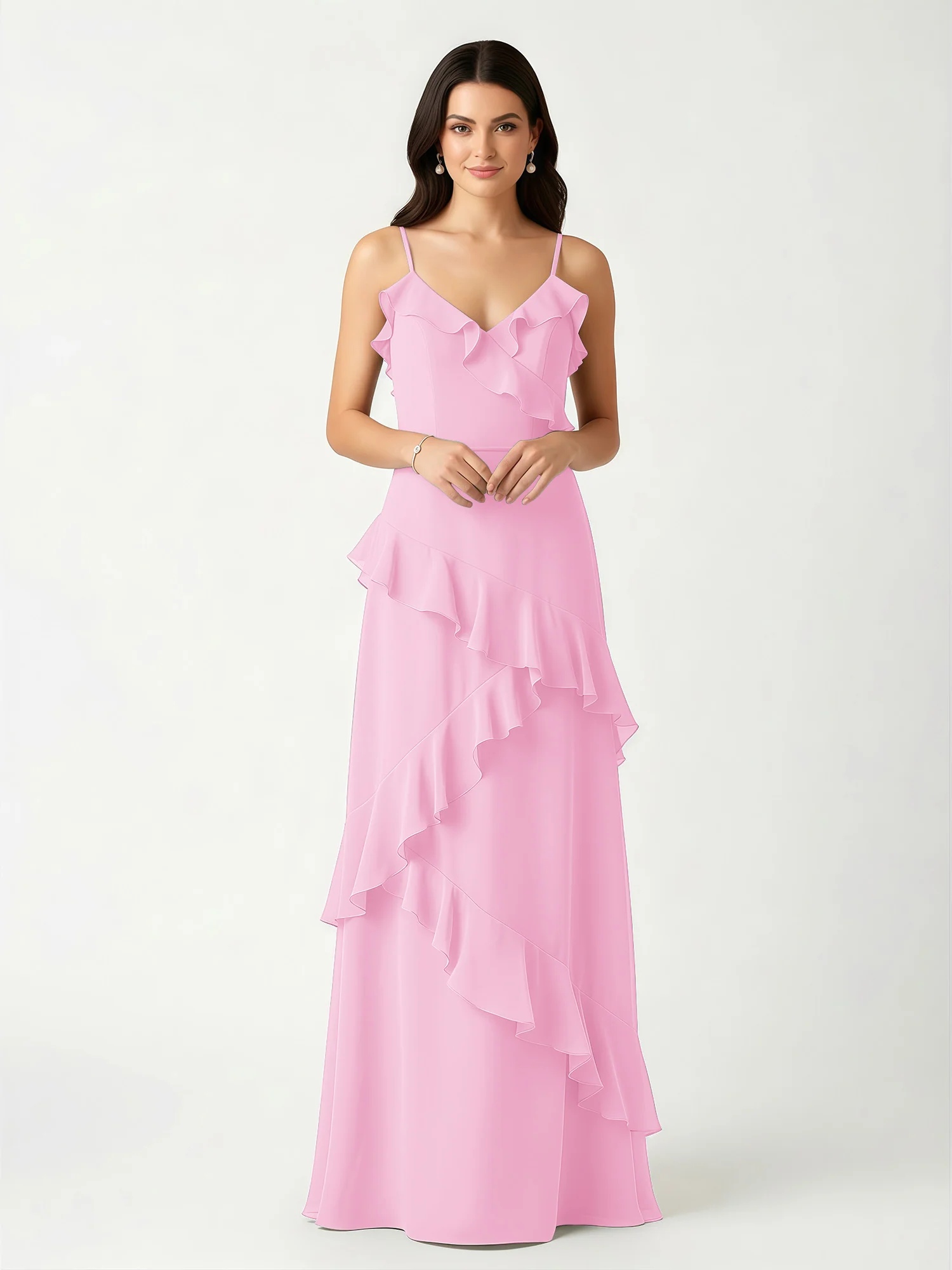 A-Line Chiffon Ruffle Floor Length V-Neck Dresses Candy Pink