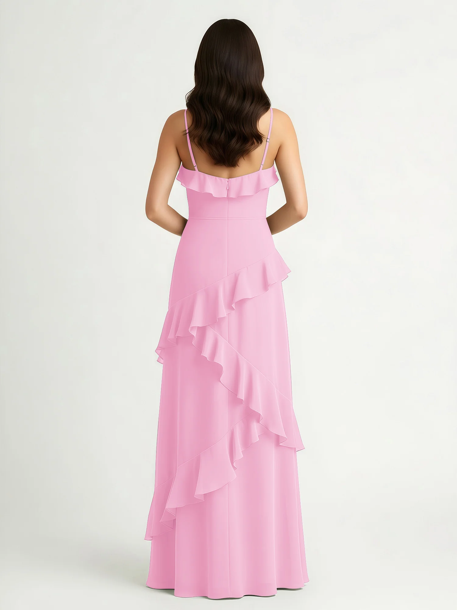 A-Line Chiffon Ruffle Floor Length V-Neck Dresses Candy Pink - Image 2
