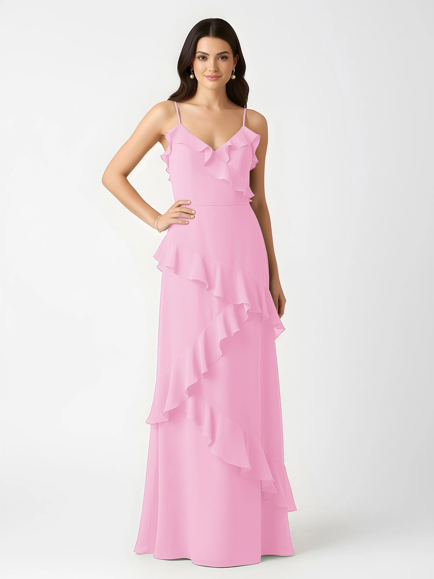 A-Line Chiffon Ruffle Floor Length V-Neck Dresses Candy Pink - Image 3
