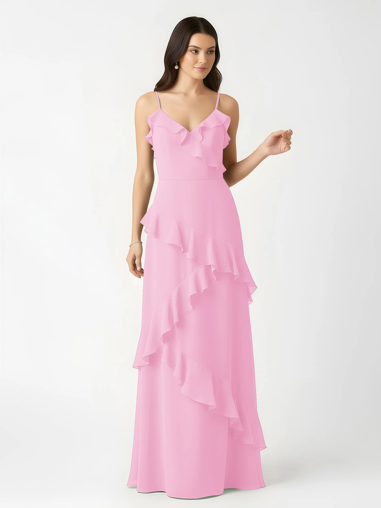 A-Line Chiffon Ruffle Floor Length V-Neck Dresses Candy Pink - Image 4