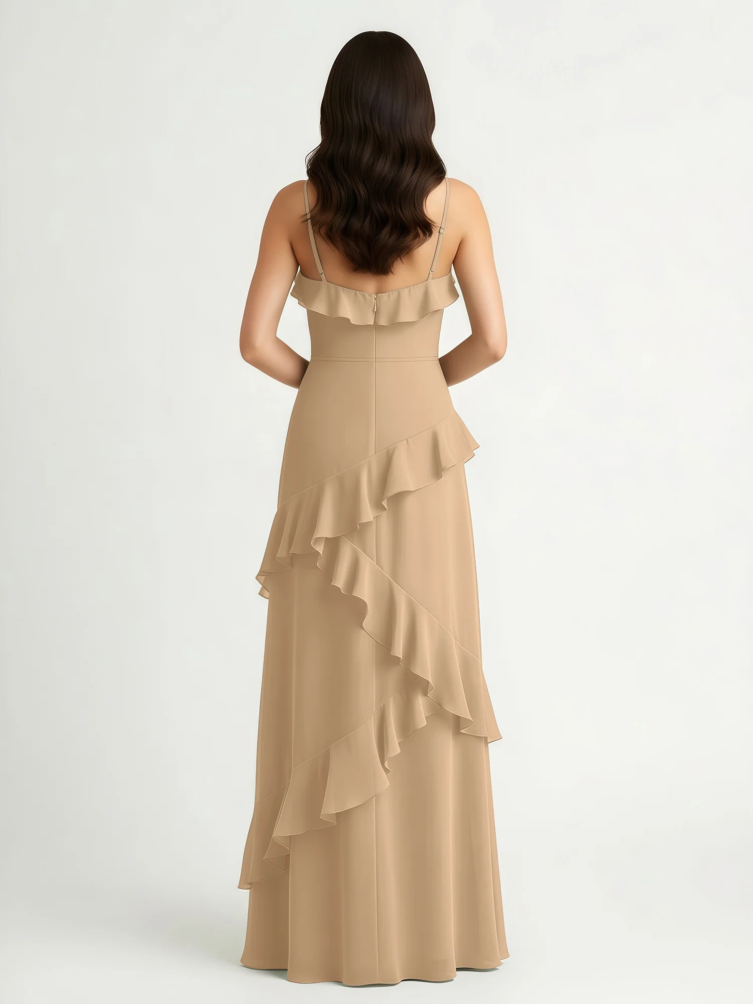A-Line Chiffon Ruffle Floor Length V-Neck Dresses Champagne - Image 2