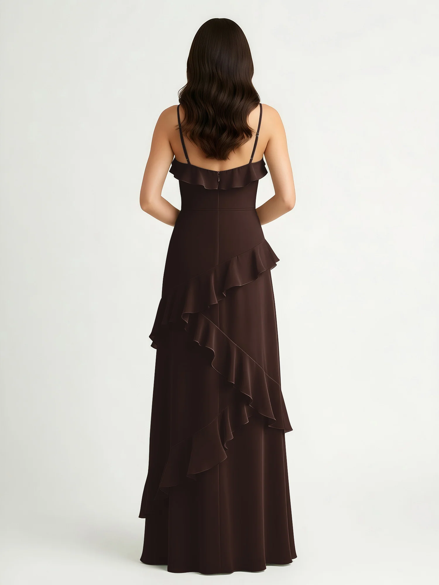 A-Line Chiffon Ruffle Floor Length V-Neck Dresses Chocolate - Image 2