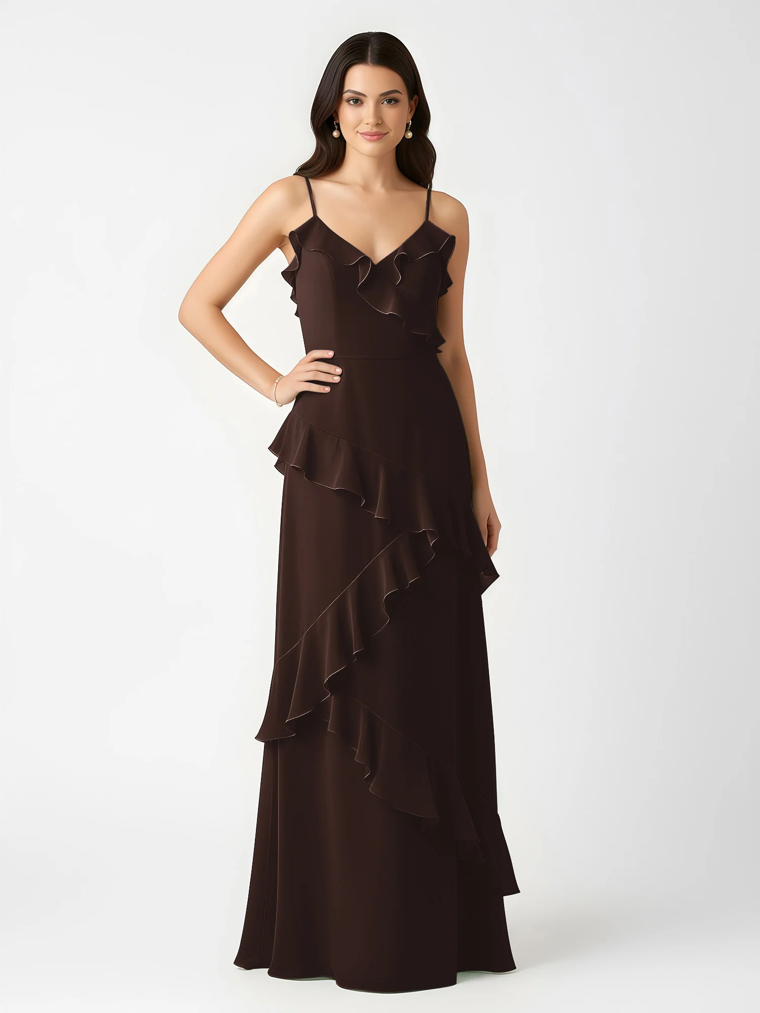 A-Line Chiffon Ruffle Floor Length V-Neck Dresses Chocolate - Image 3