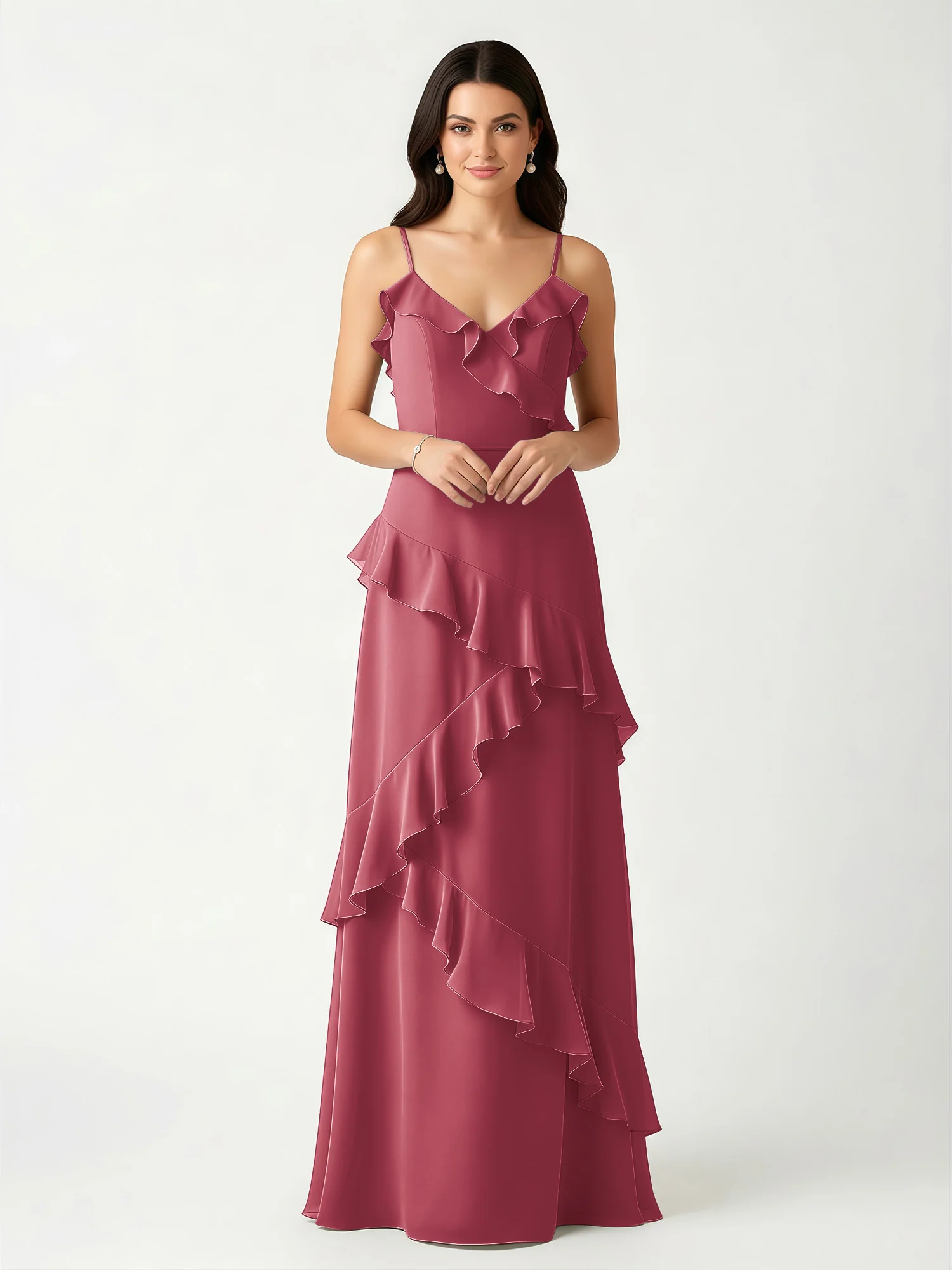 A-Line Chiffon Ruffle Floor Length V-Neck Dresses Cinnamon Rose