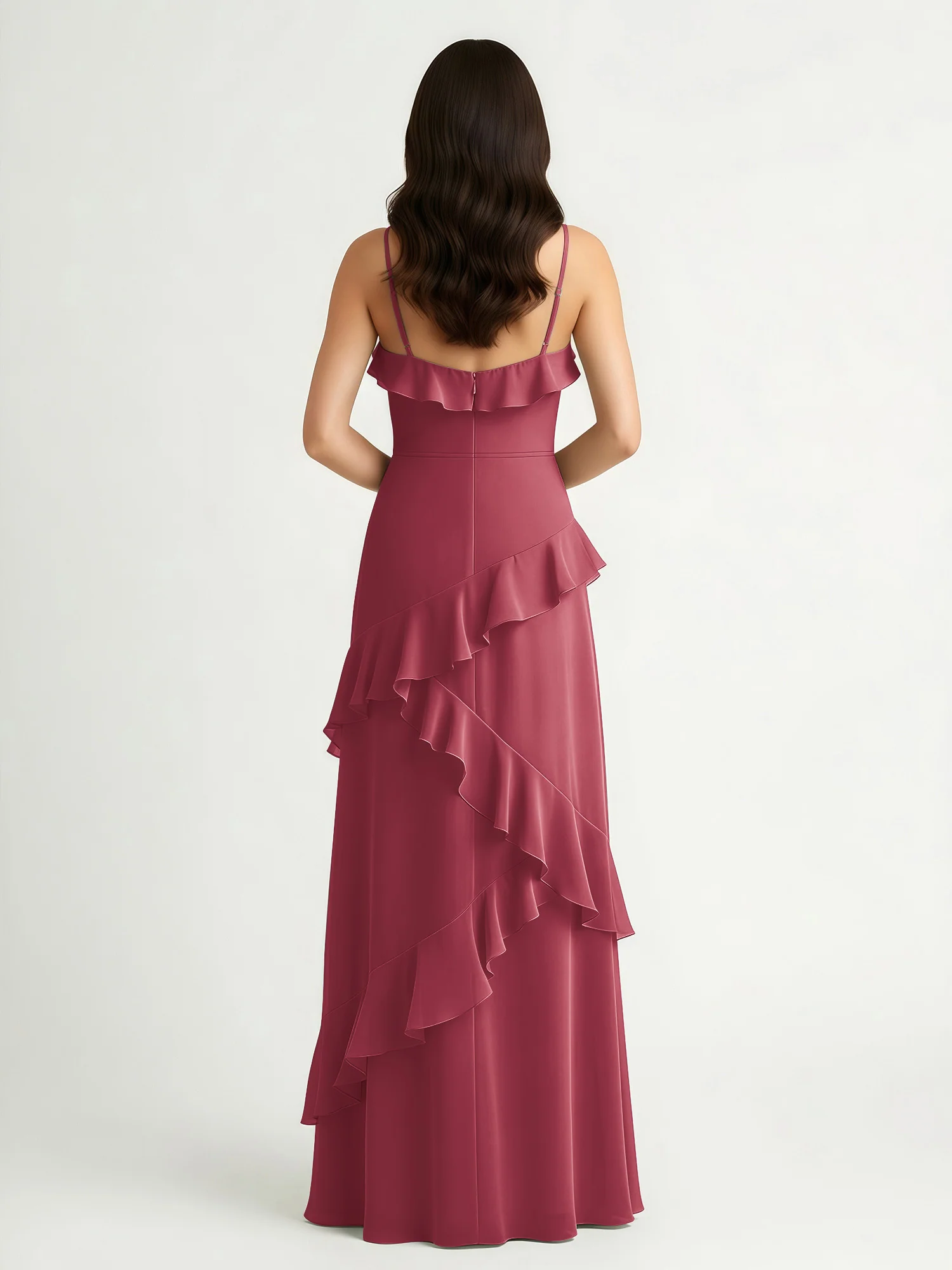 A-Line Chiffon Ruffle Floor Length V-Neck Dresses Cinnamon Rose - Image 2