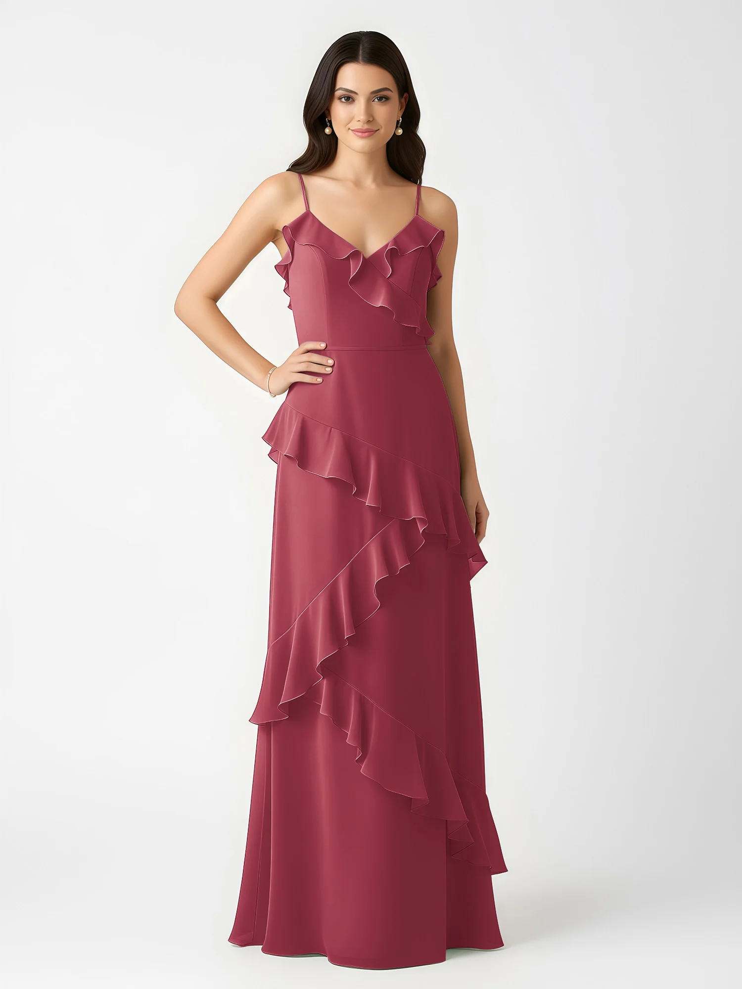 A-Line Chiffon Ruffle Floor Length V-Neck Dresses Cinnamon Rose - Image 3