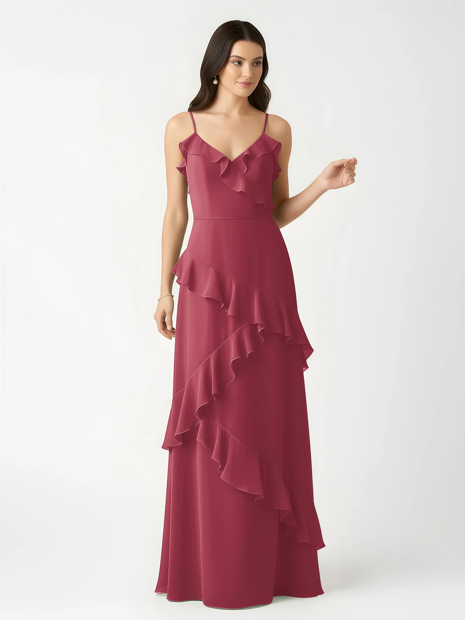 A-Line Chiffon Ruffle Floor Length V-Neck Dresses Cinnamon Rose - Image 4