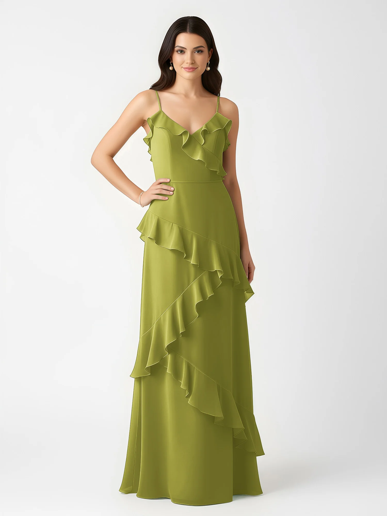 A-Line Chiffon Ruffle Floor Length V-Neck Dresses Clover - Image 3