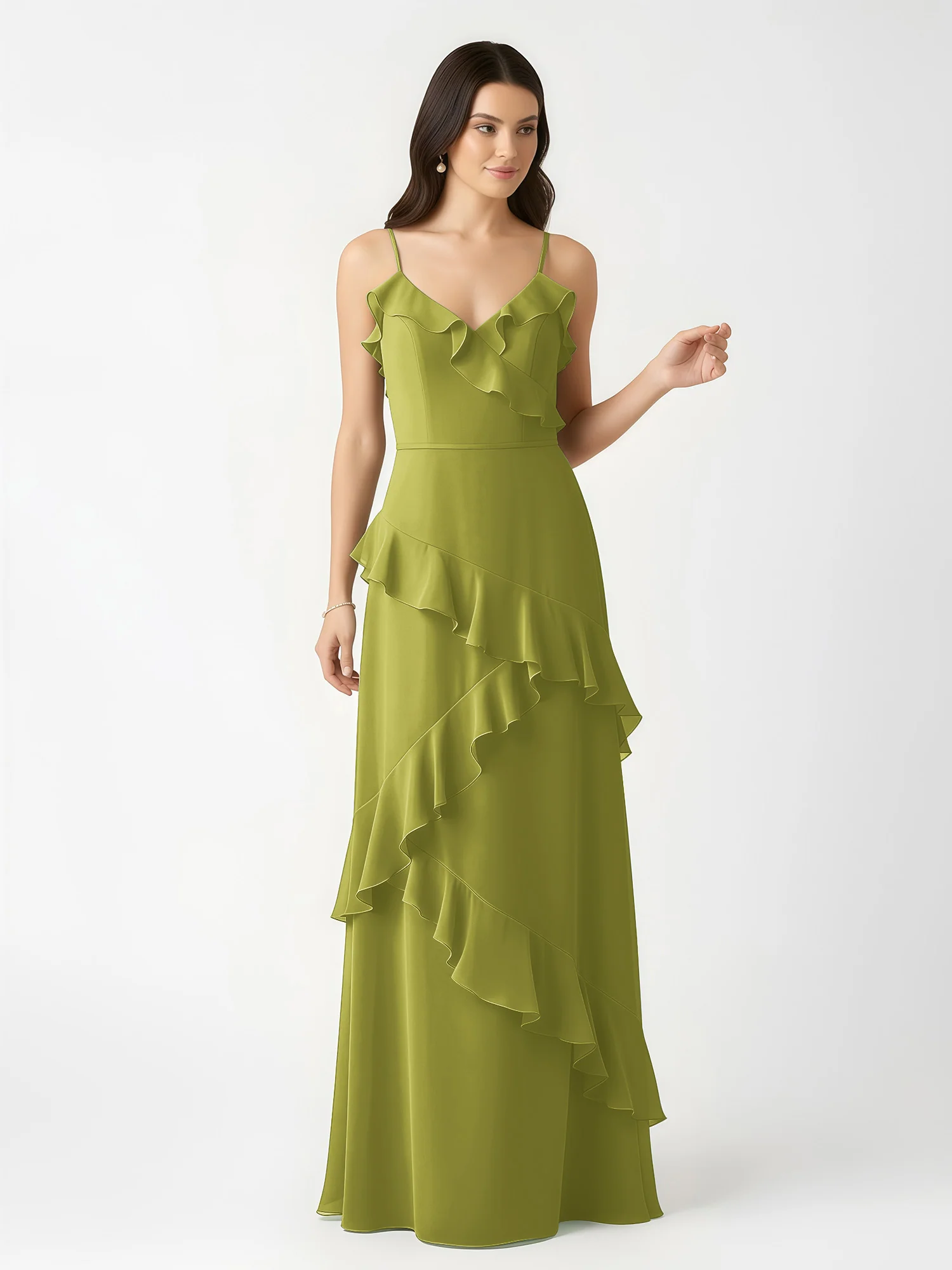 A-Line Chiffon Ruffle Floor Length V-Neck Dresses Clover - Image 4