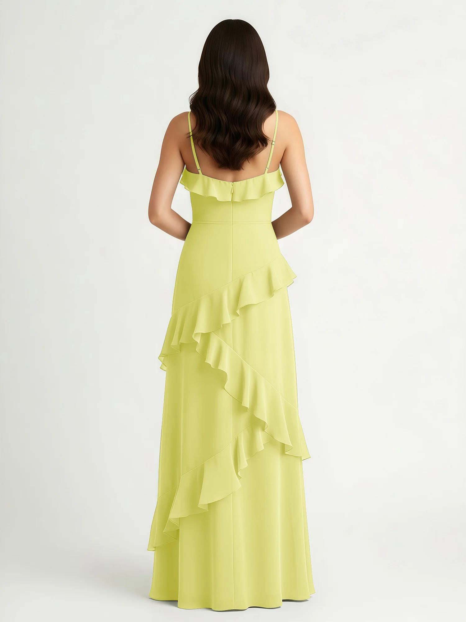 A-Line Chiffon Ruffle Floor Length V-Neck Dresses Daffodil - Image 2