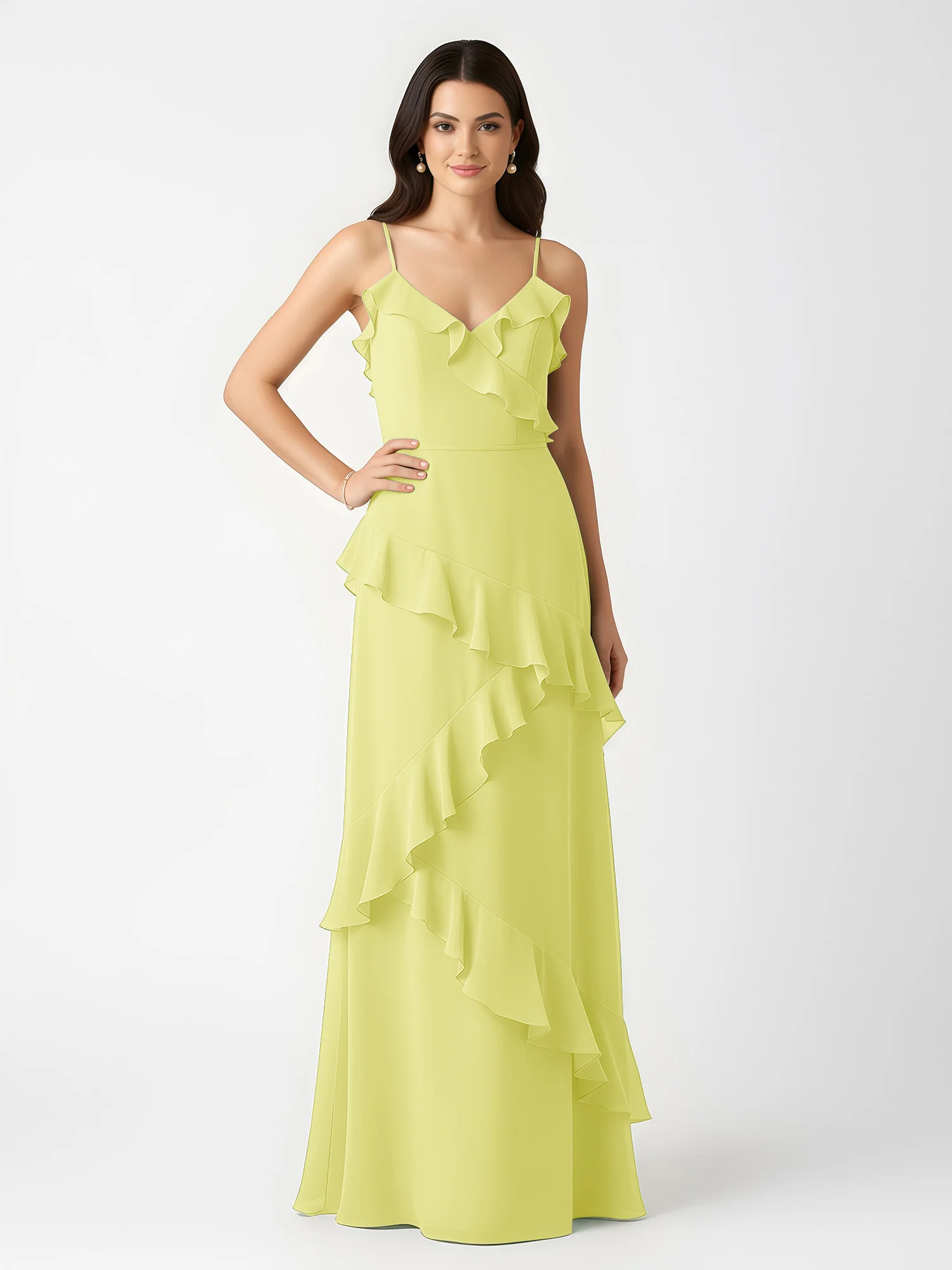 A-Line Chiffon Ruffle Floor Length V-Neck Dresses Daffodil - Image 3