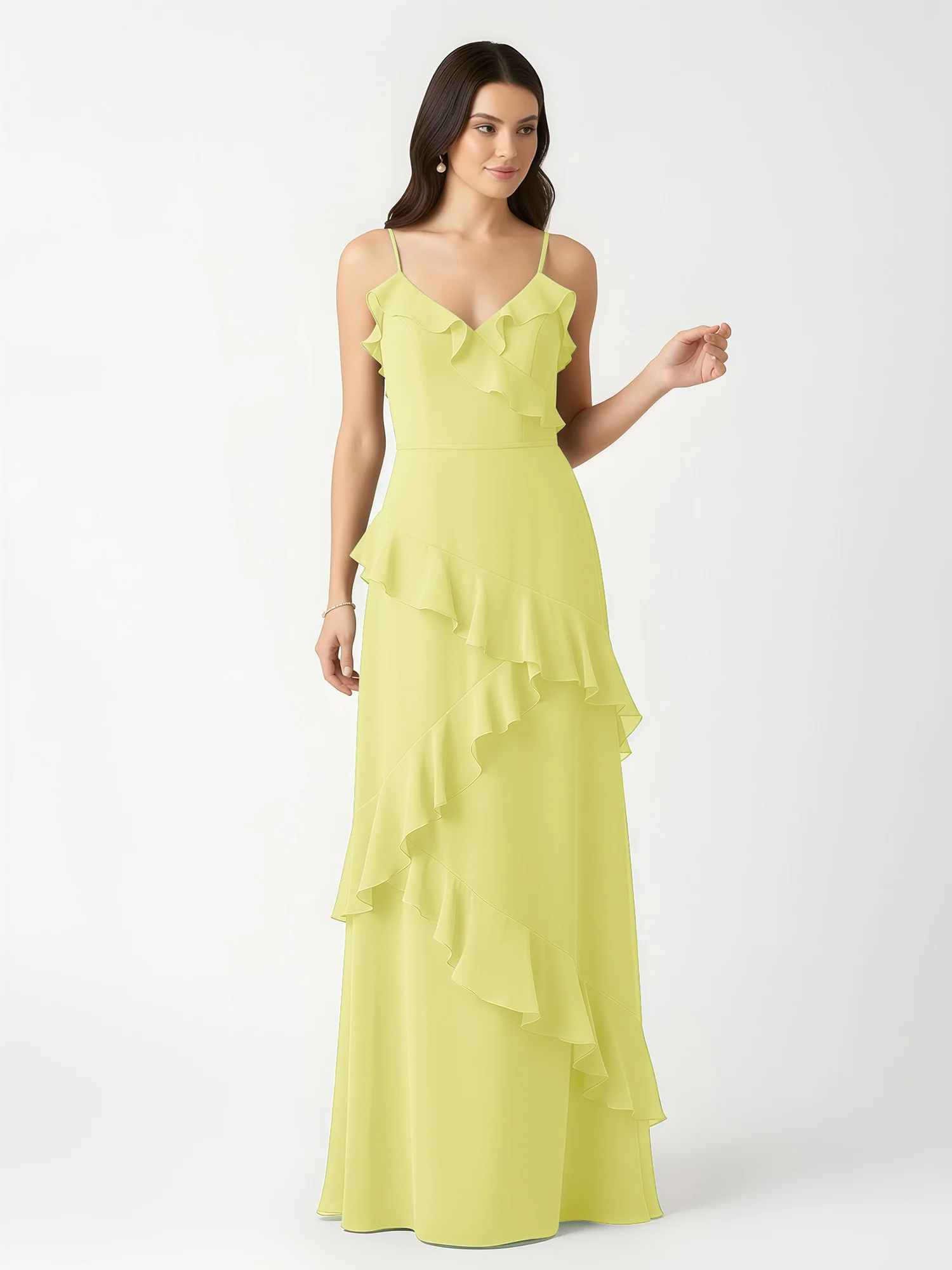 A-Line Chiffon Ruffle Floor Length V-Neck Dresses Daffodil - Image 4