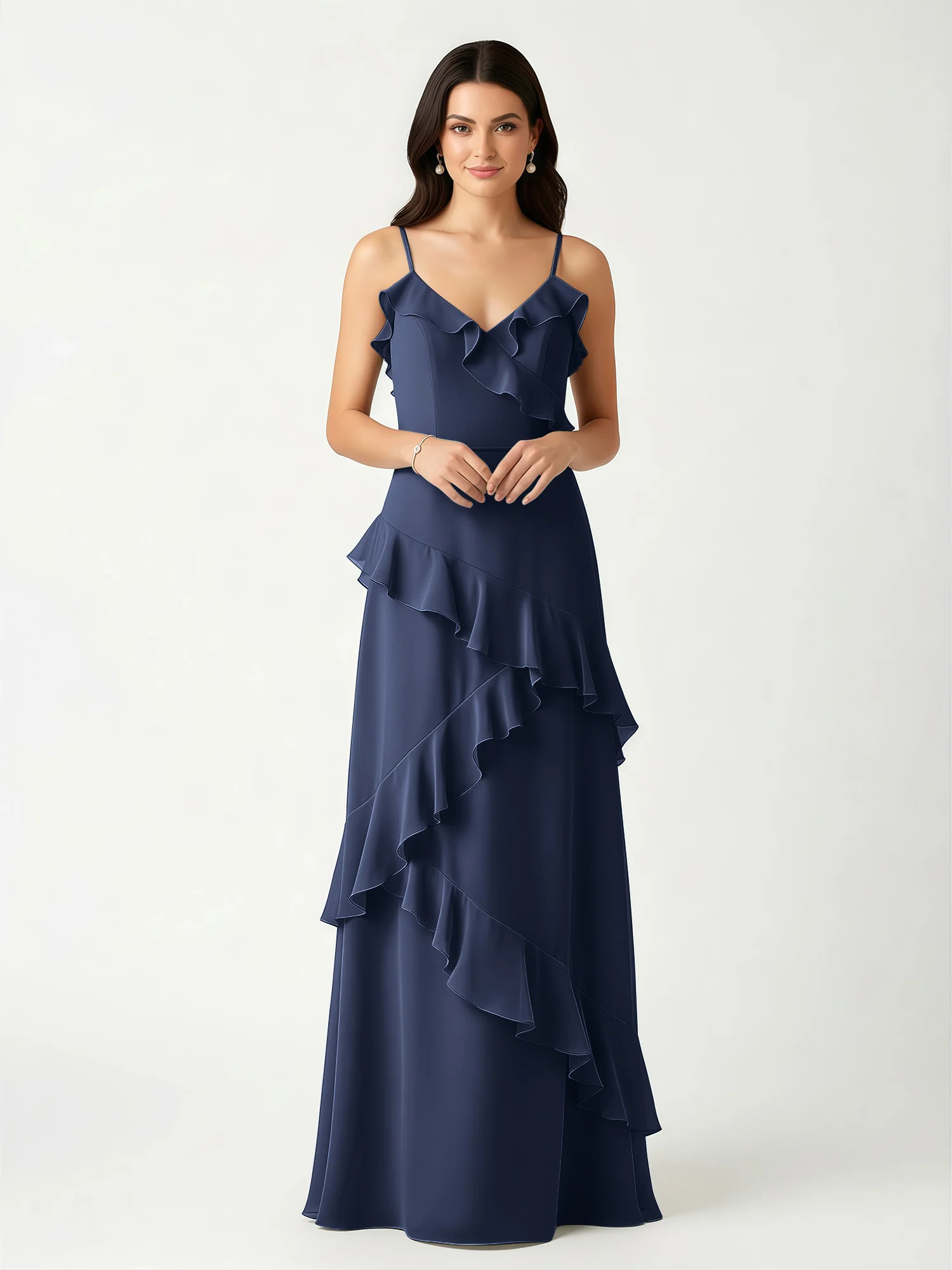 A-Line Chiffon Ruffle Floor Length V-Neck Dresses Dark Navy