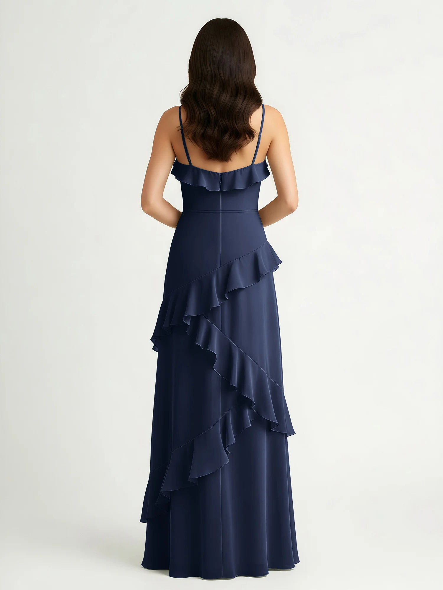 A-Line Chiffon Ruffle Floor Length V-Neck Dresses Dark Navy - Image 2