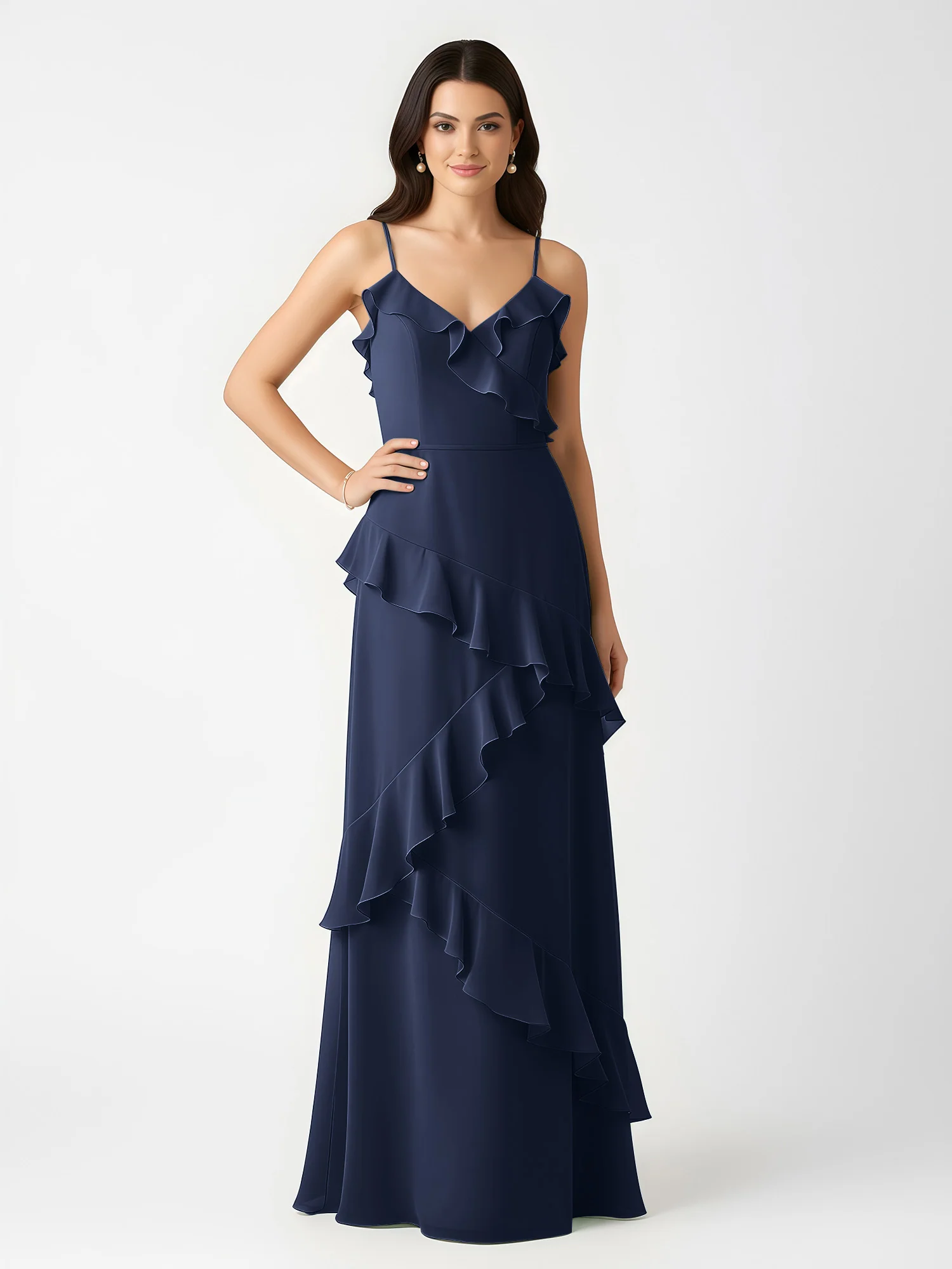 A-Line Chiffon Ruffle Floor Length V-Neck Dresses Dark Navy - Image 3