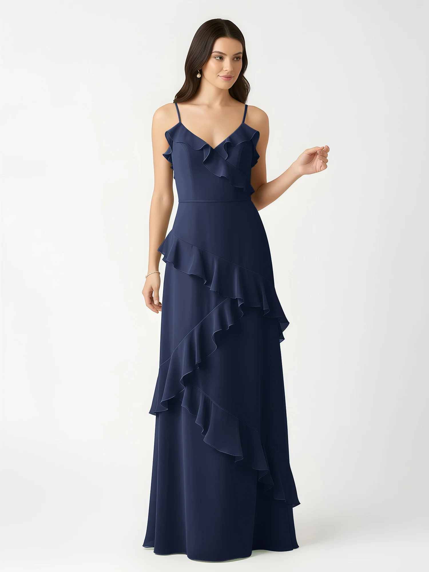 A-Line Chiffon Ruffle Floor Length V-Neck Dresses Dark Navy - Image 4