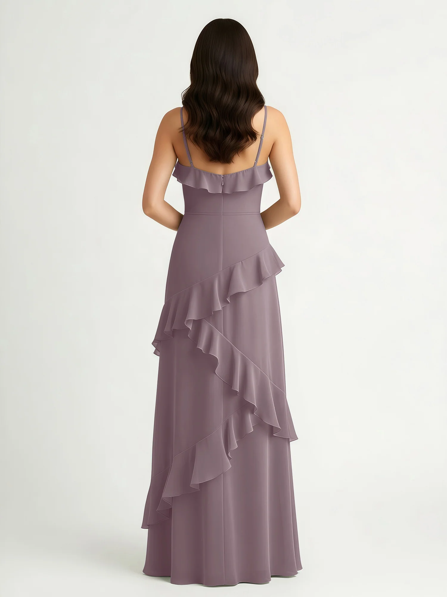 A-Line Chiffon Ruffle Floor Length V-Neck Dresses Dusk - Image 2