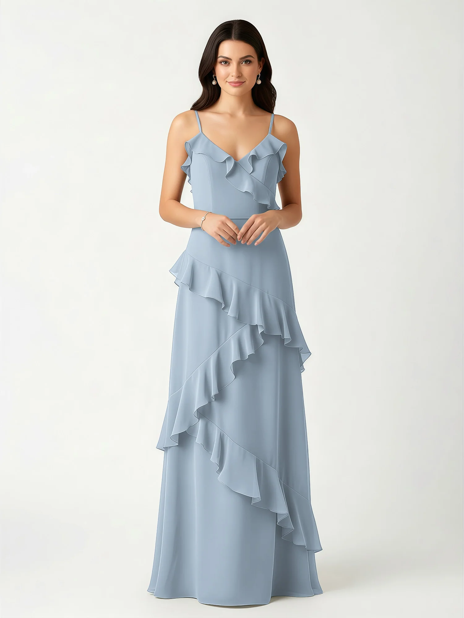 A-Line Chiffon Ruffle Floor Length V-Neck Dresses Dusty Blue