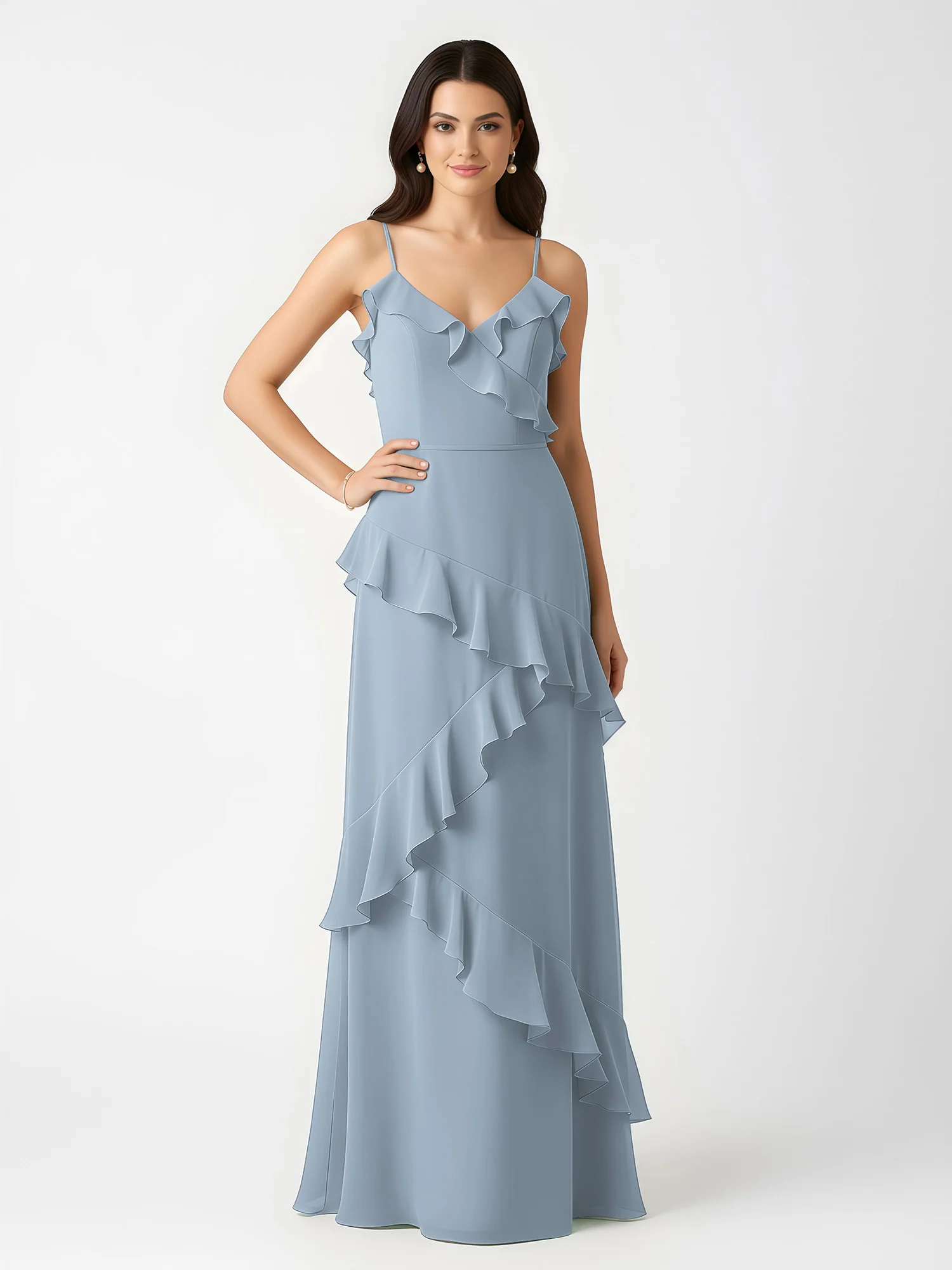 A-Line Chiffon Ruffle Floor Length V-Neck Dresses Dusty Blue - Image 3